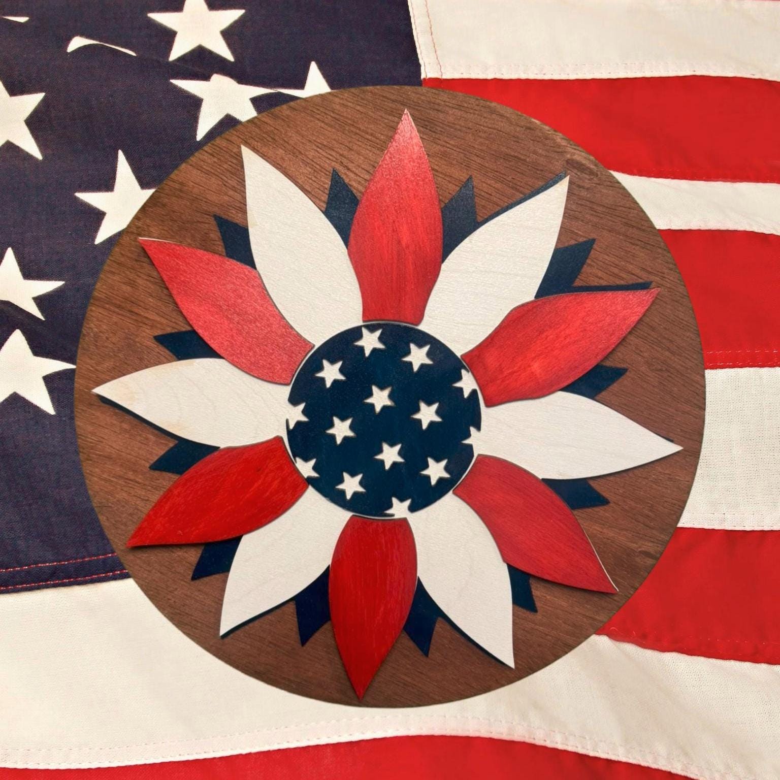 American Flag Flower Wood Sign: Patriotic 4th of July Decor