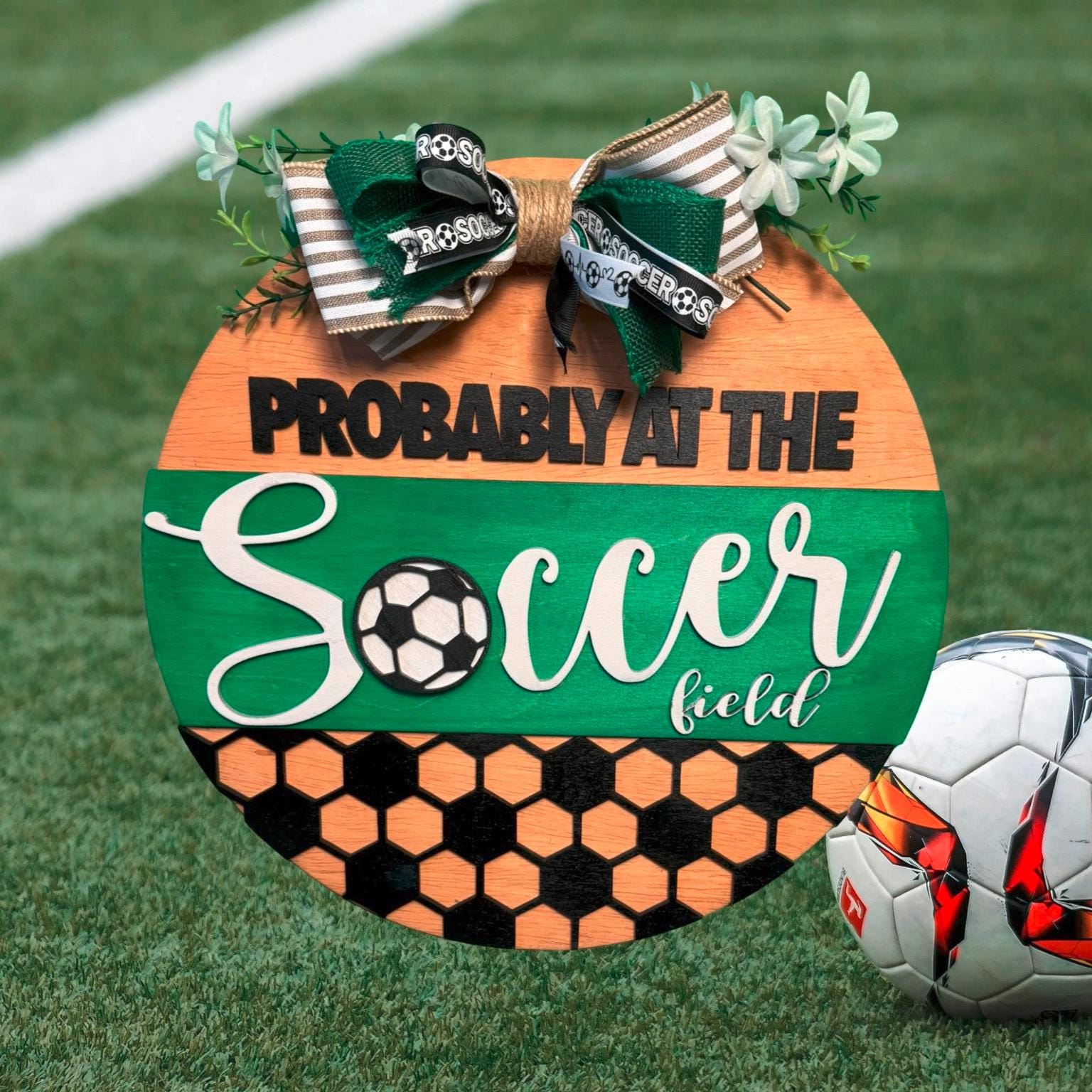 Soccer Door Hanger – “Probably at the Soccer Field” Wood Sign with Bow – 14" - Thumbnail 2