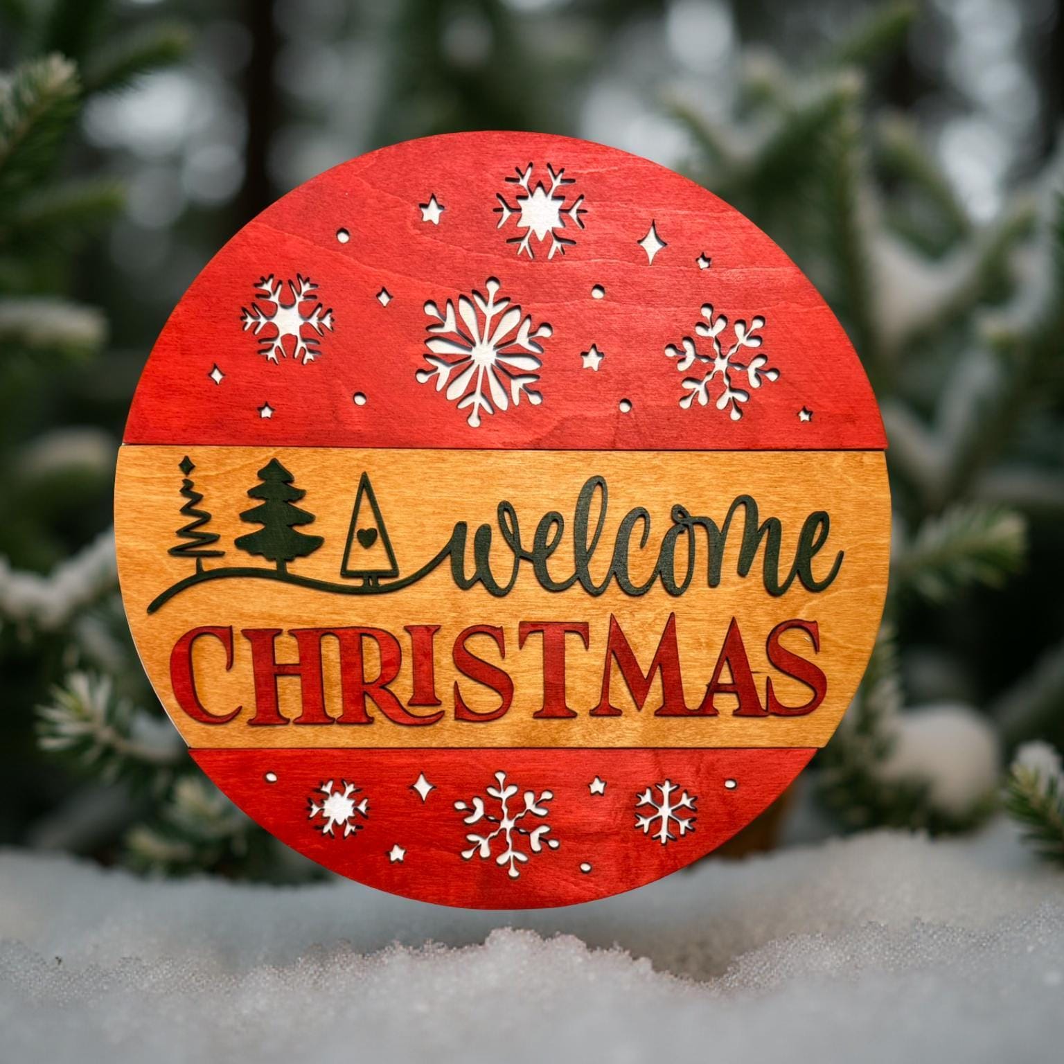 Welcome Christmas Sign – 14" Round Wooden Door Hanger – Layered Holiday Wall Decor with Snowflake Cutouts & Optional Bow - Thumbnail 7