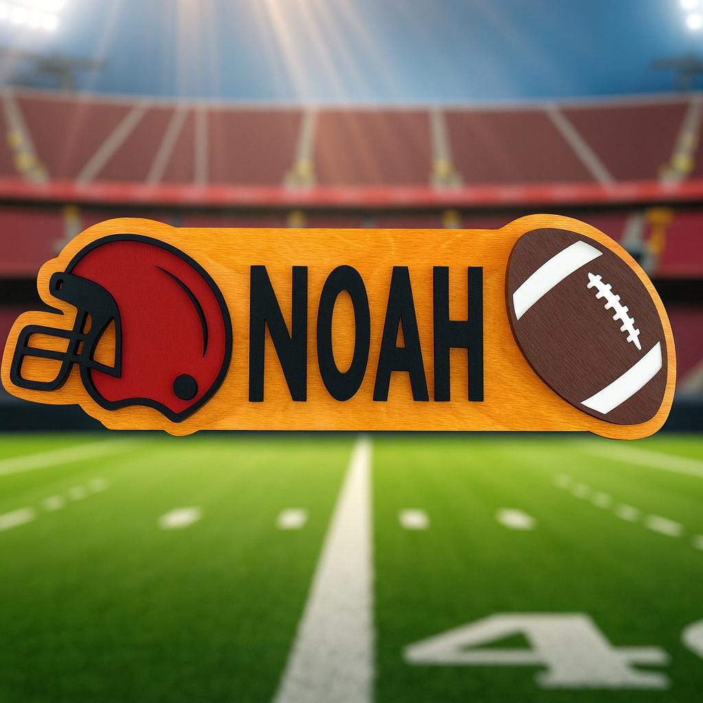 Personalized Football Name Sign – Custom Helmet & Ball Cutouts – Layered Wood 