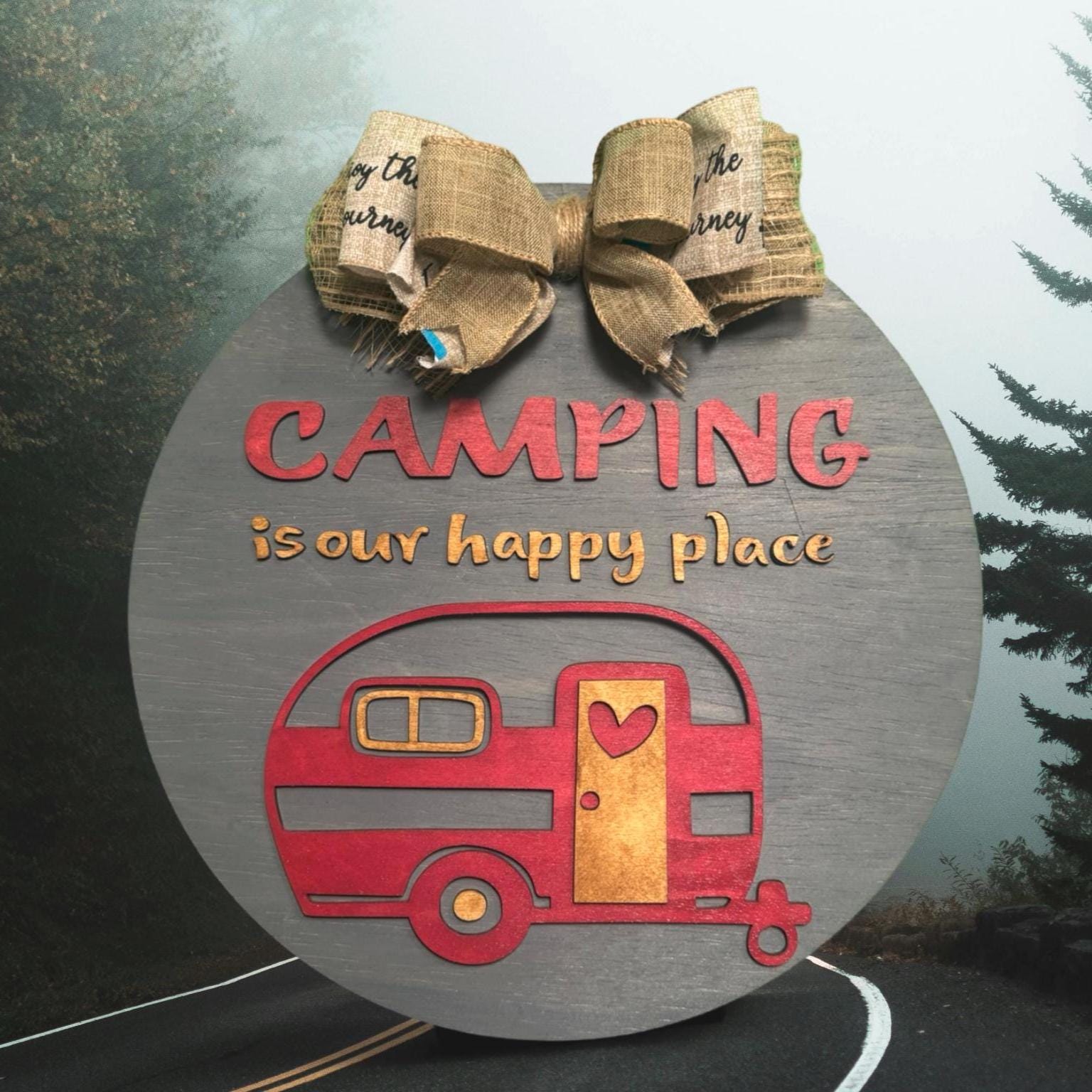 Camping Is Our Happy Place Sign: Rustic Wooden Camper Decor - Thumbnail 4