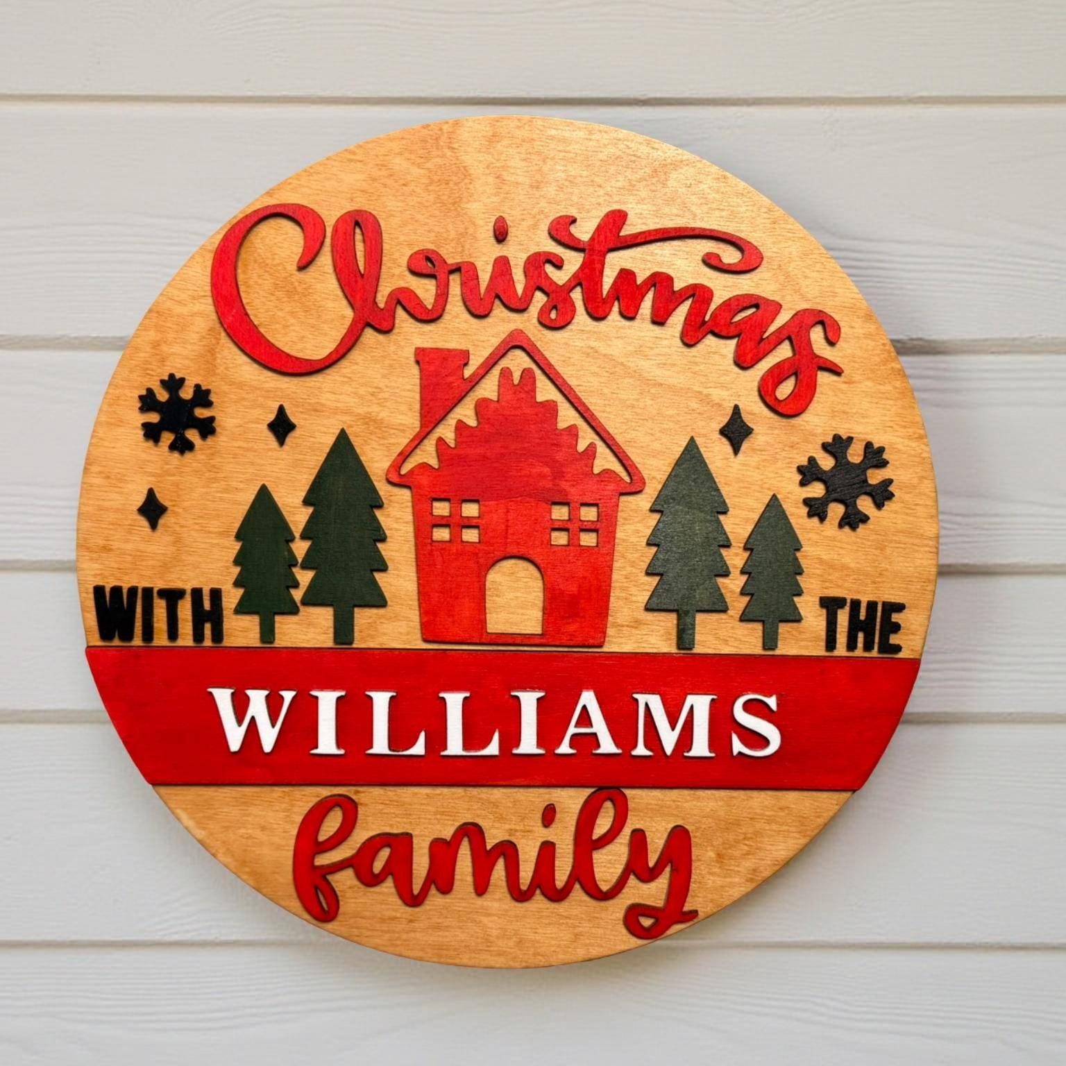 Personalized Christmas Family Sign – 14" Round Layered Wood Wall Decor – Custom Holiday Door Hanger – Rustic Christmas Name Sign - Thumbnail 6