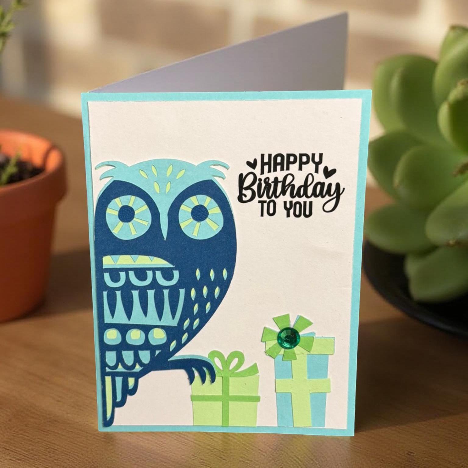 Handmade Owl Birthday Card: Layered Paper Art, Personalized Greeting