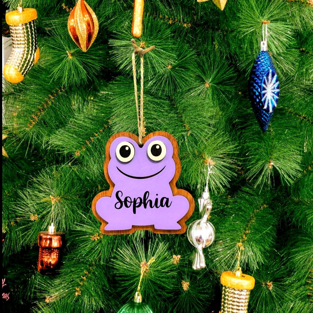 Personalized Frog Ornament | 4" Layered Wood Ornament | Custom Name | Handcrafted Frog Decor | Blue, Purple, or Green Gift for Kids - Thumbnail 2