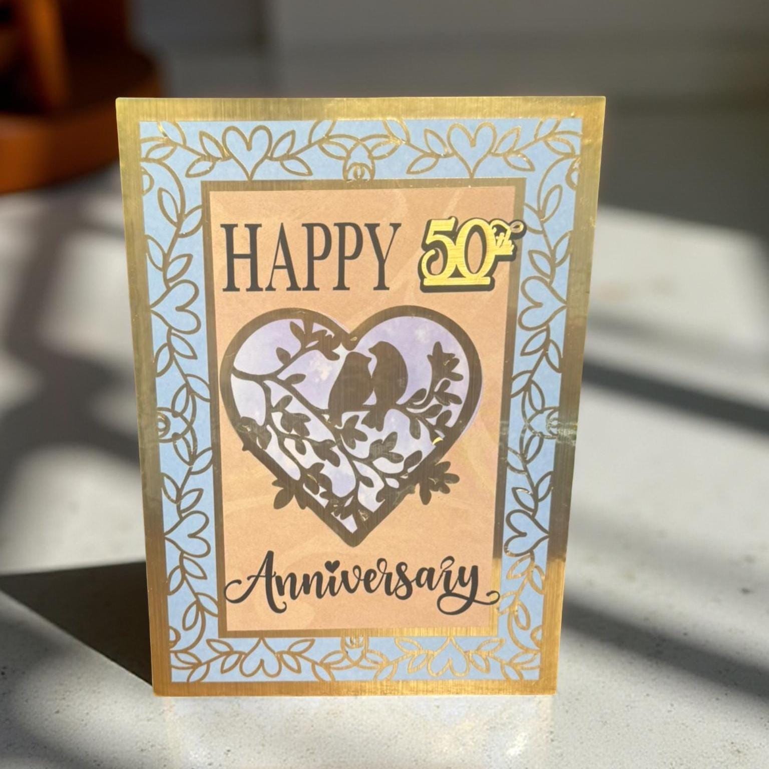 Handmade Golden Anniversary Card: Bird & Heart Design, 50th Milestone - Thumbnail 3