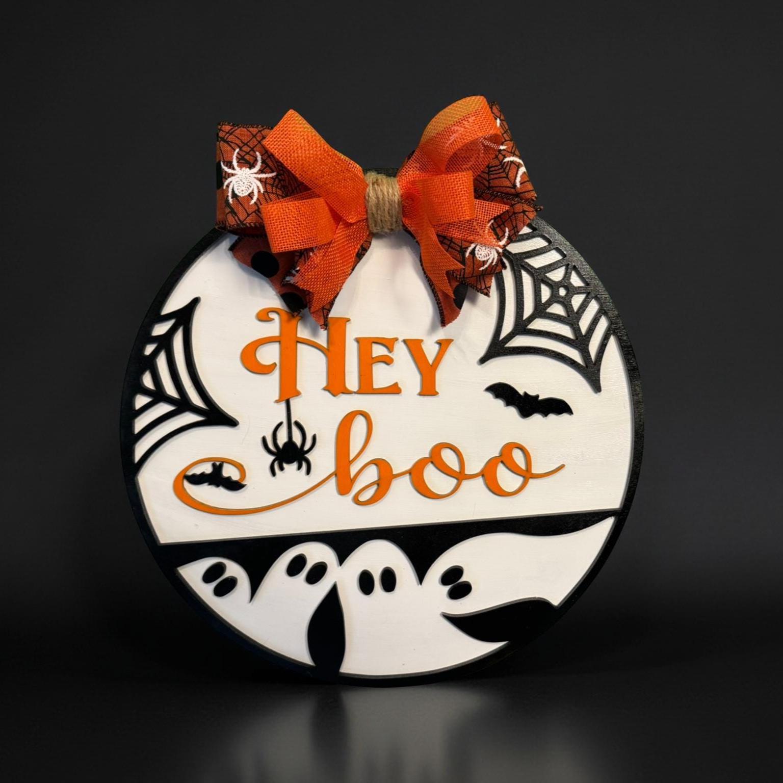 Hey Boo Halloween Door Sign: Layered Ghost & Spider Web Decor - Thumbnail 6