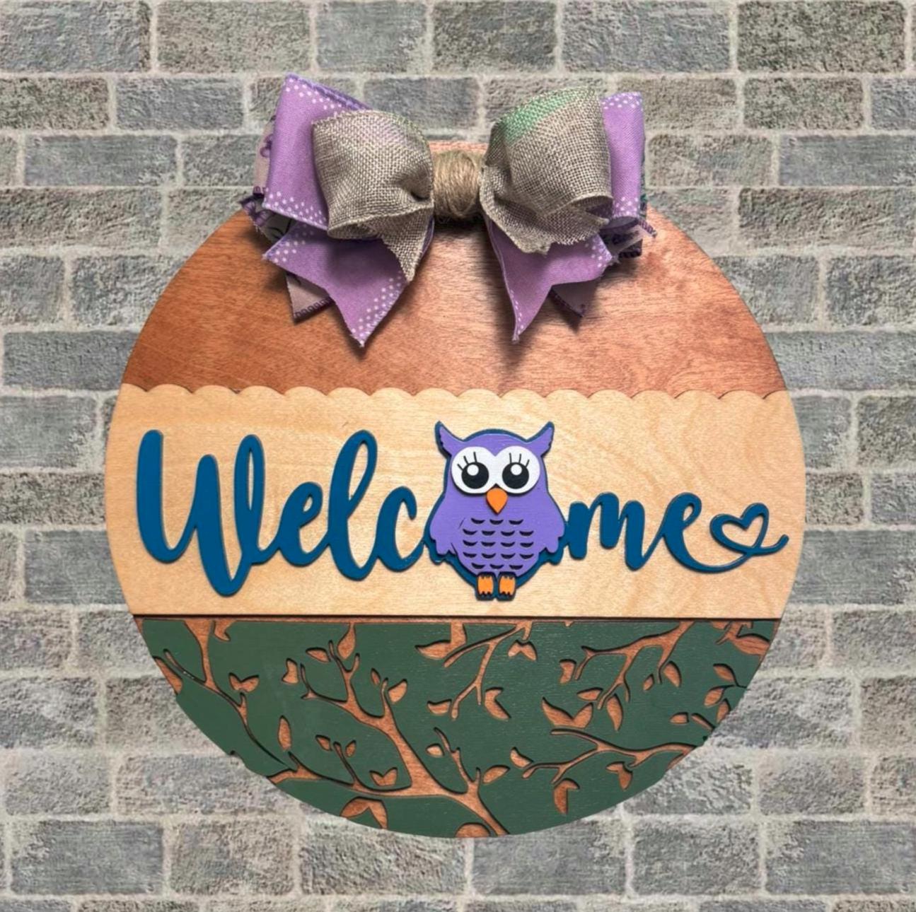 Owl Welcome Door Sign – 14" Handmade Layered Wood Round with Bow – Spring, Summer, or Mother’s Day Front Door Decor – Owl Lover Gift Idea - Image 1