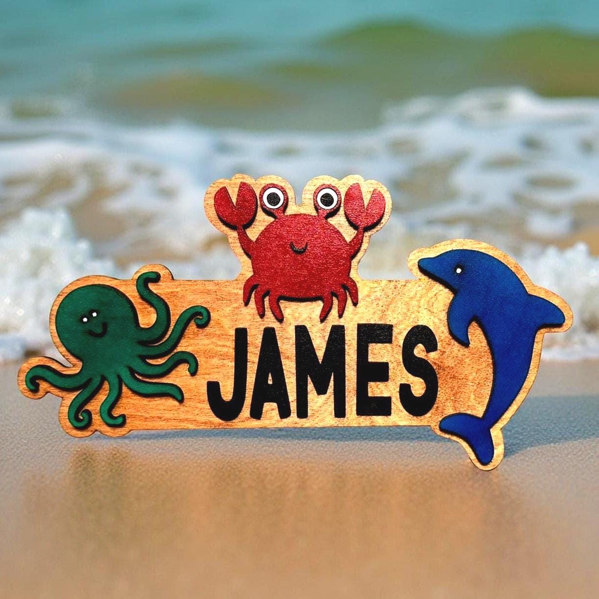 Ocean Animal Name Sign – Personalized Kids Wall Decor – Octopus, Crab & Dolphin 