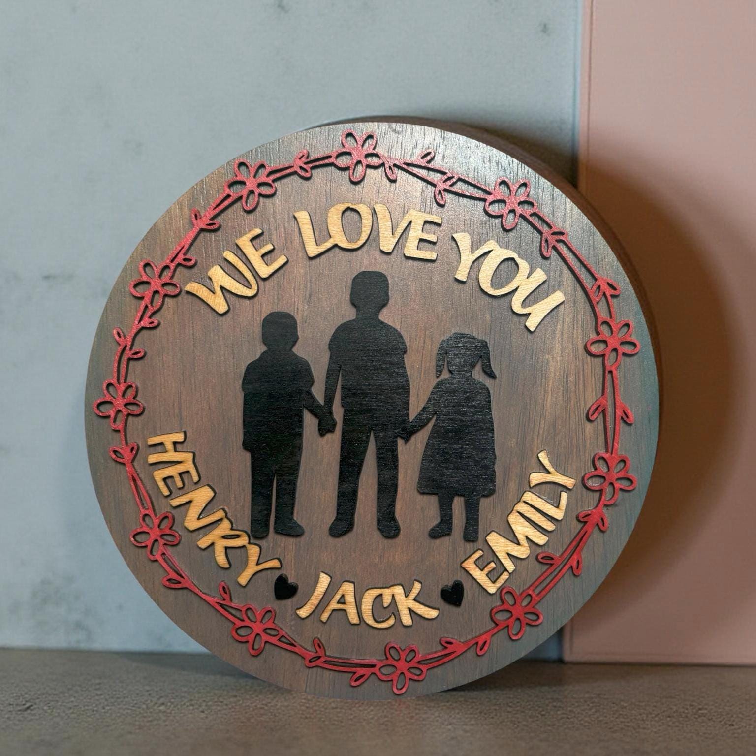 Personalized Mother's Day Gift | We Love You Round Wood Sign | Custom Children Silhouette | Multi-Layer Round Wooden Sign | Grandparent Gift - Thumbnail 6