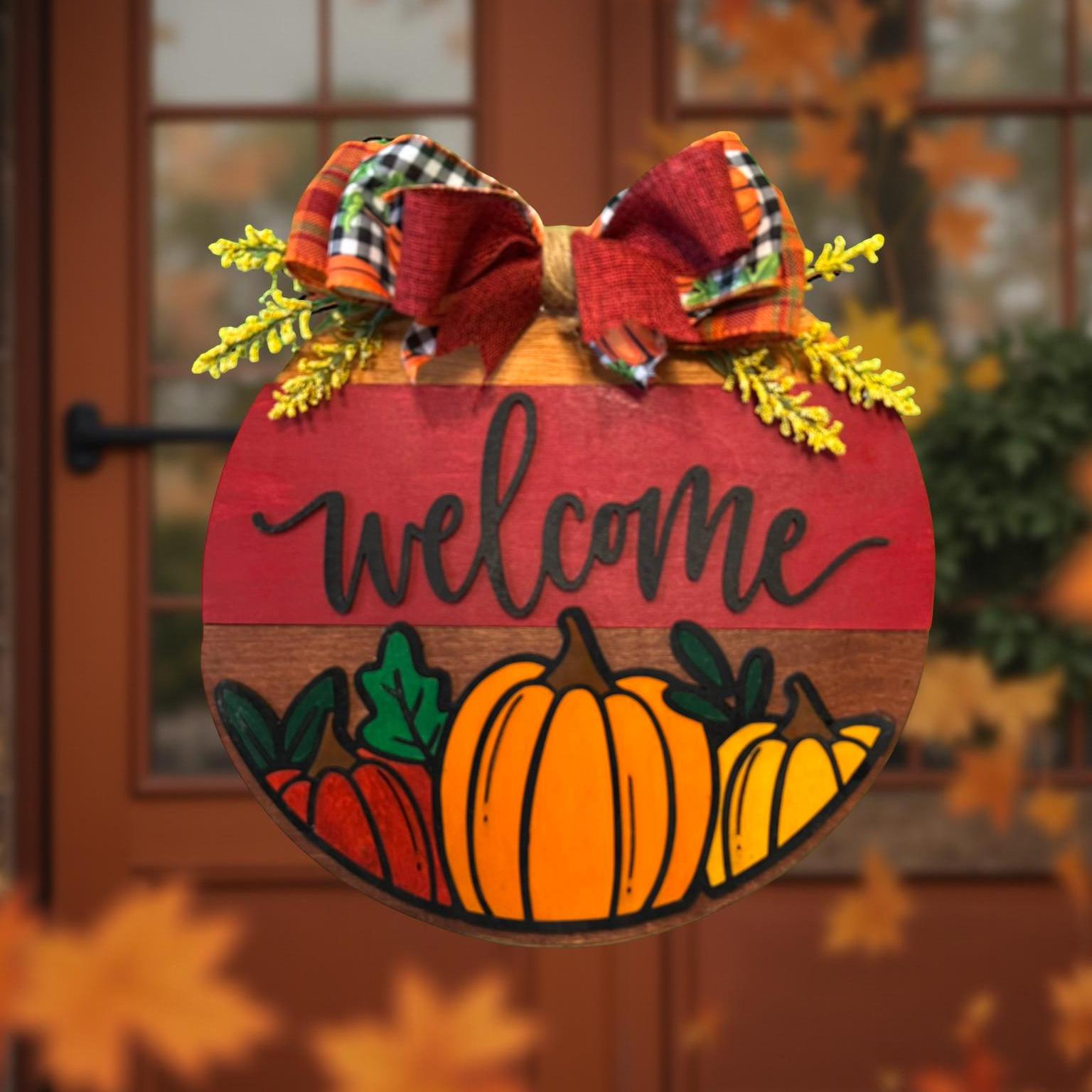 Fall Welcome Sign with Pumpkins – 12" or 14" Round Layered Wood Door Hanger – Rustic Farmhouse Autumn Porch or Wall Decor with Bow - Thumbnail 3