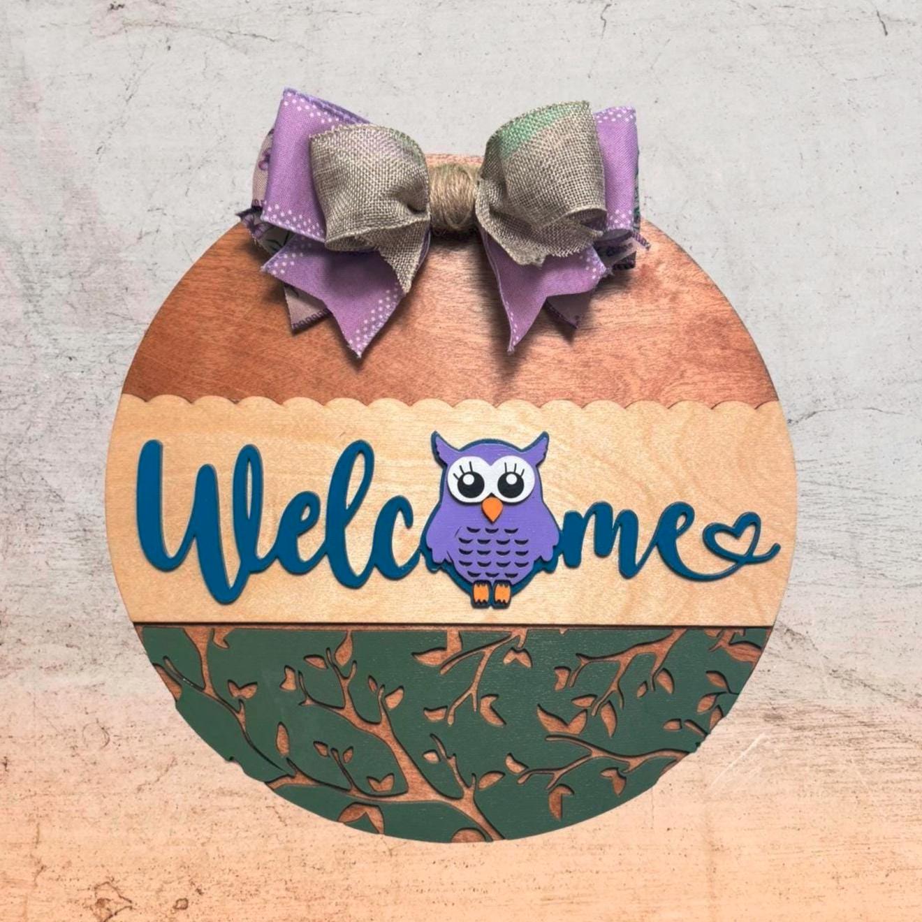 Owl Welcome Door Sign – 14" Handmade Layered Wood Round with Bow – Spring, Summer, or Mother’s Day Front Door Decor – Owl Lover Gift Idea - Thumbnail 4