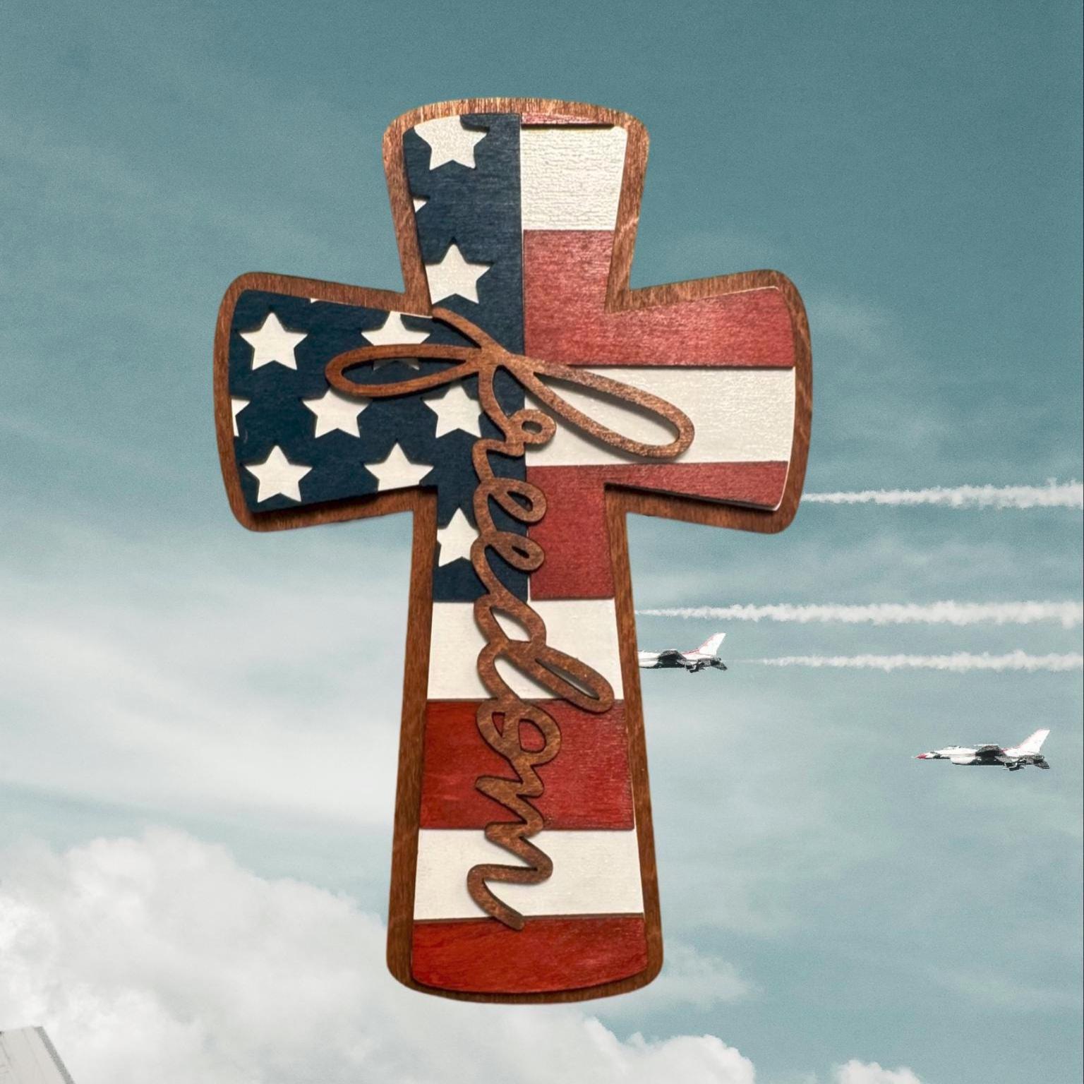 Patriotic Wooden Cross Sign: American Flag, Freedom Wall Decor