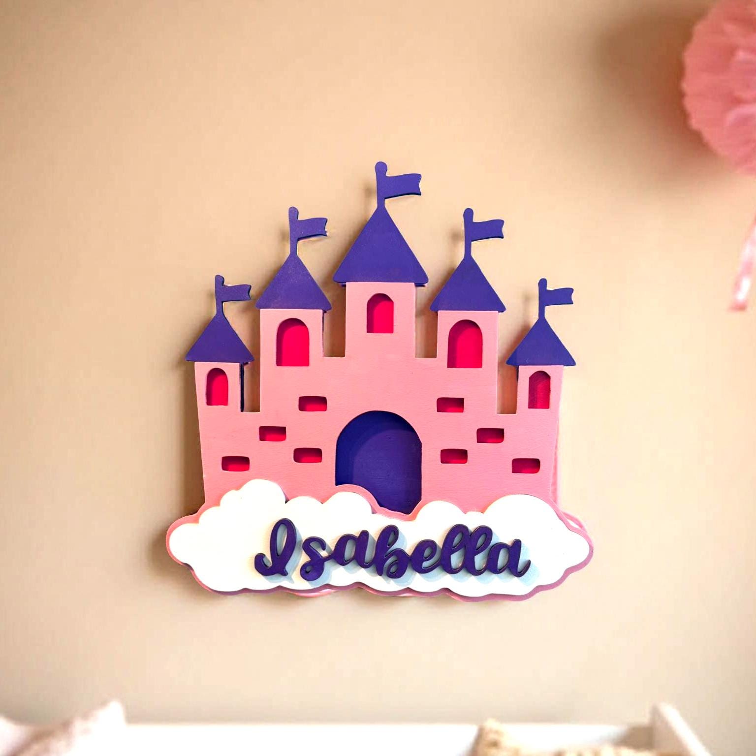Personalized Princess Castle Sign – Custom Name Wall Decor for Girls Room or Nursery – Pink Layered Wood Castle with Cloud Cutout - Thumbnail 7