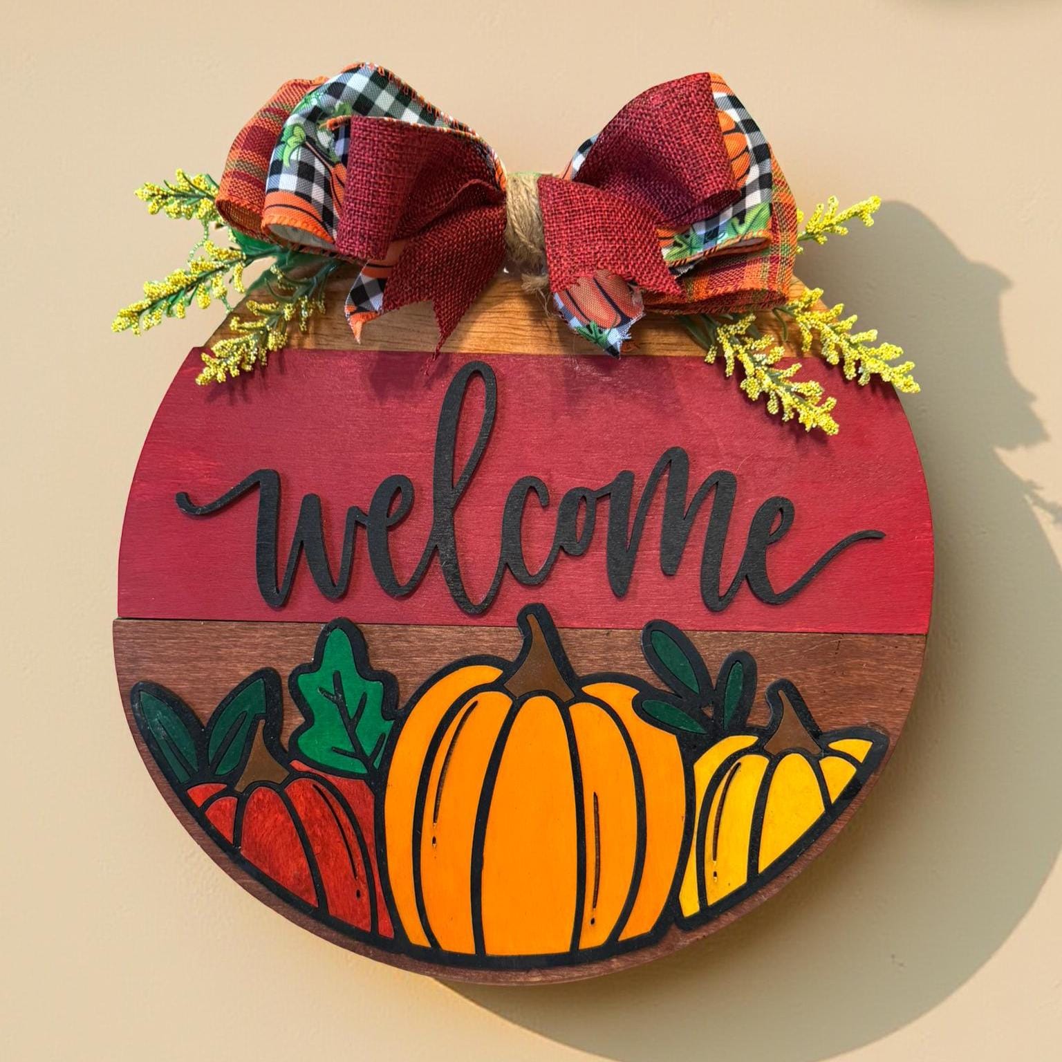 Fall Welcome Sign with Pumpkins – 12" or 14" Round Layered Wood Door Hanger – Rustic Farmhouse Autumn Porch or Wall Decor with Bow - Thumbnail 2