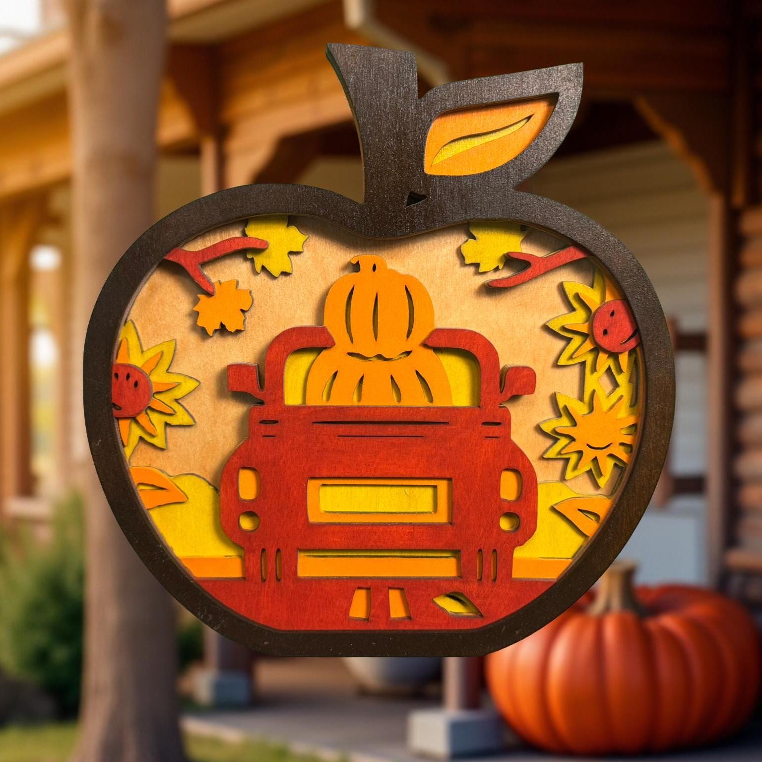 Layered Fall Apple Truck Sign – 12" Rustic Wooden Apple Wall Art – 5-Layer Pumpkin Truck Autumn Decor – Farmhouse Handmade Fall Gift - Thumbnail 4