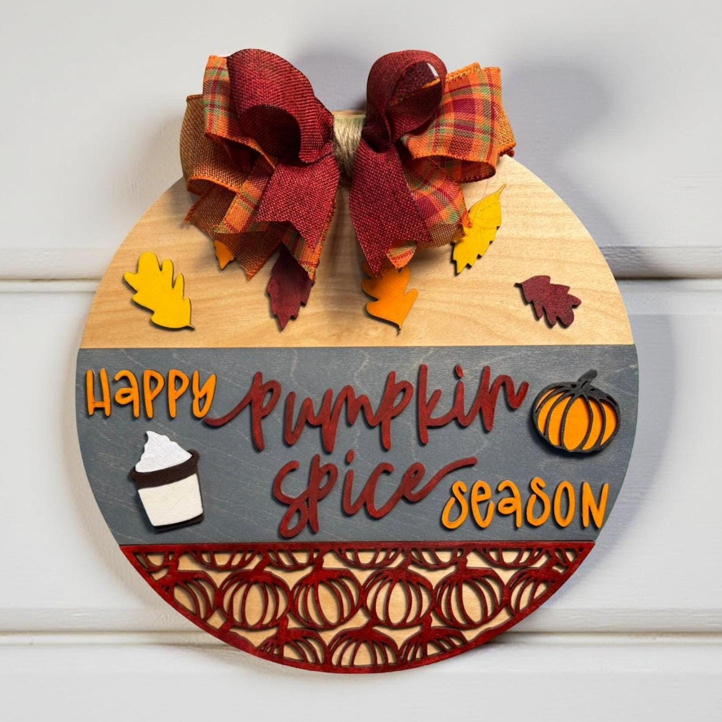 Pumpkin Spice Season Wood Sign: Fall Farmhouse Door Hanger with Plaid Bow - Thumbnail 3
