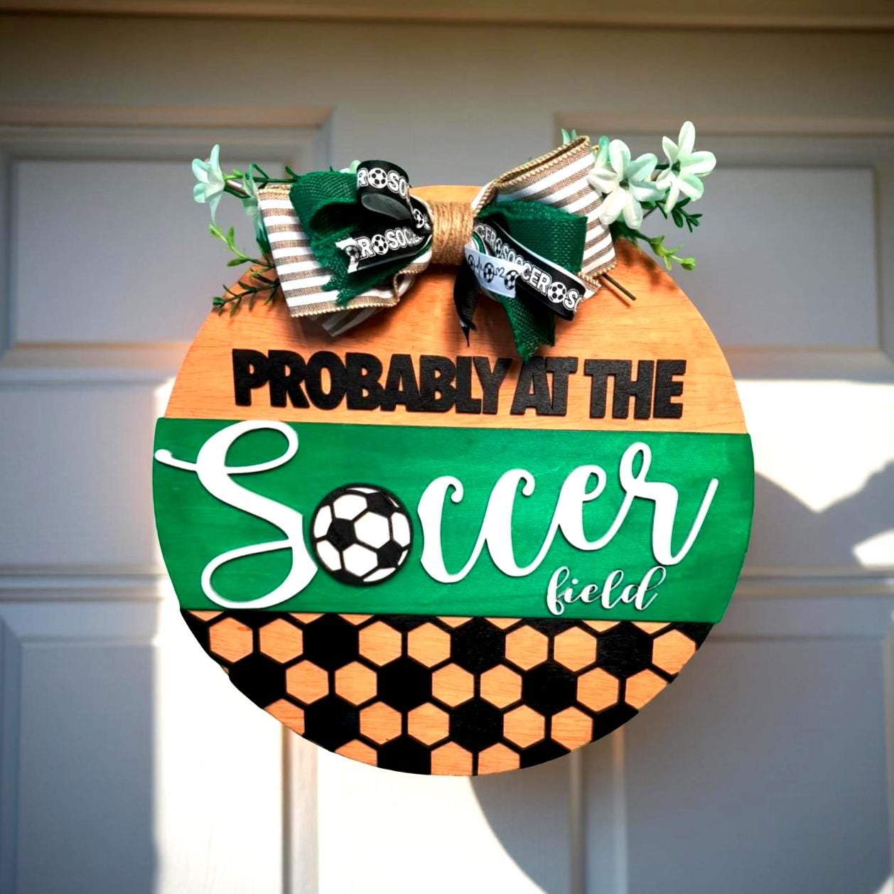 Soccer Door Hanger – “Probably at the Soccer Field” Wood Sign with Bow – 14" - Thumbnail 6