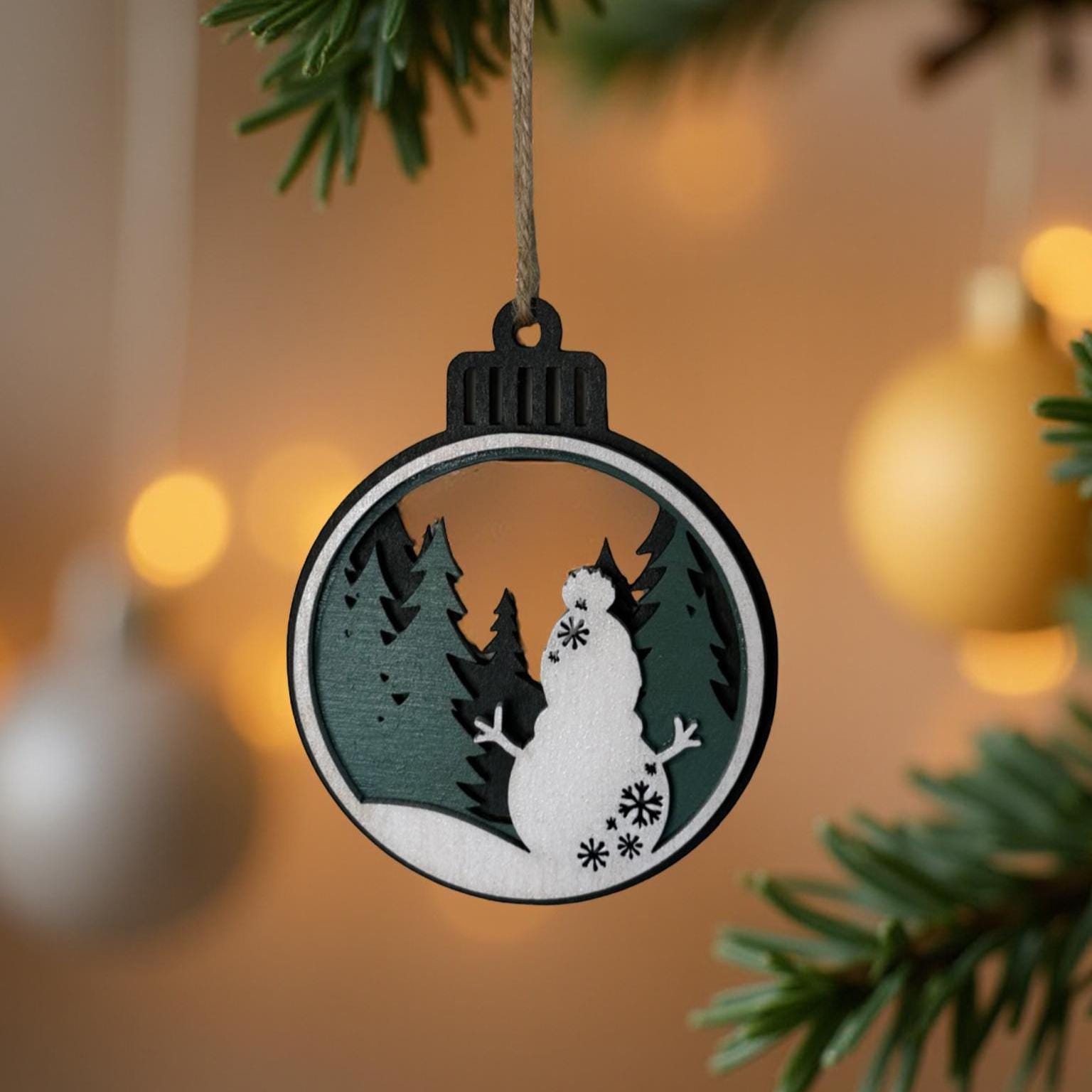 Layered Snowman Ornament – 4” Round Wooden Christmas Tree Scene – Multi Layer Holiday Decoration – Rustic Green & White Ornament - Thumbnail 2