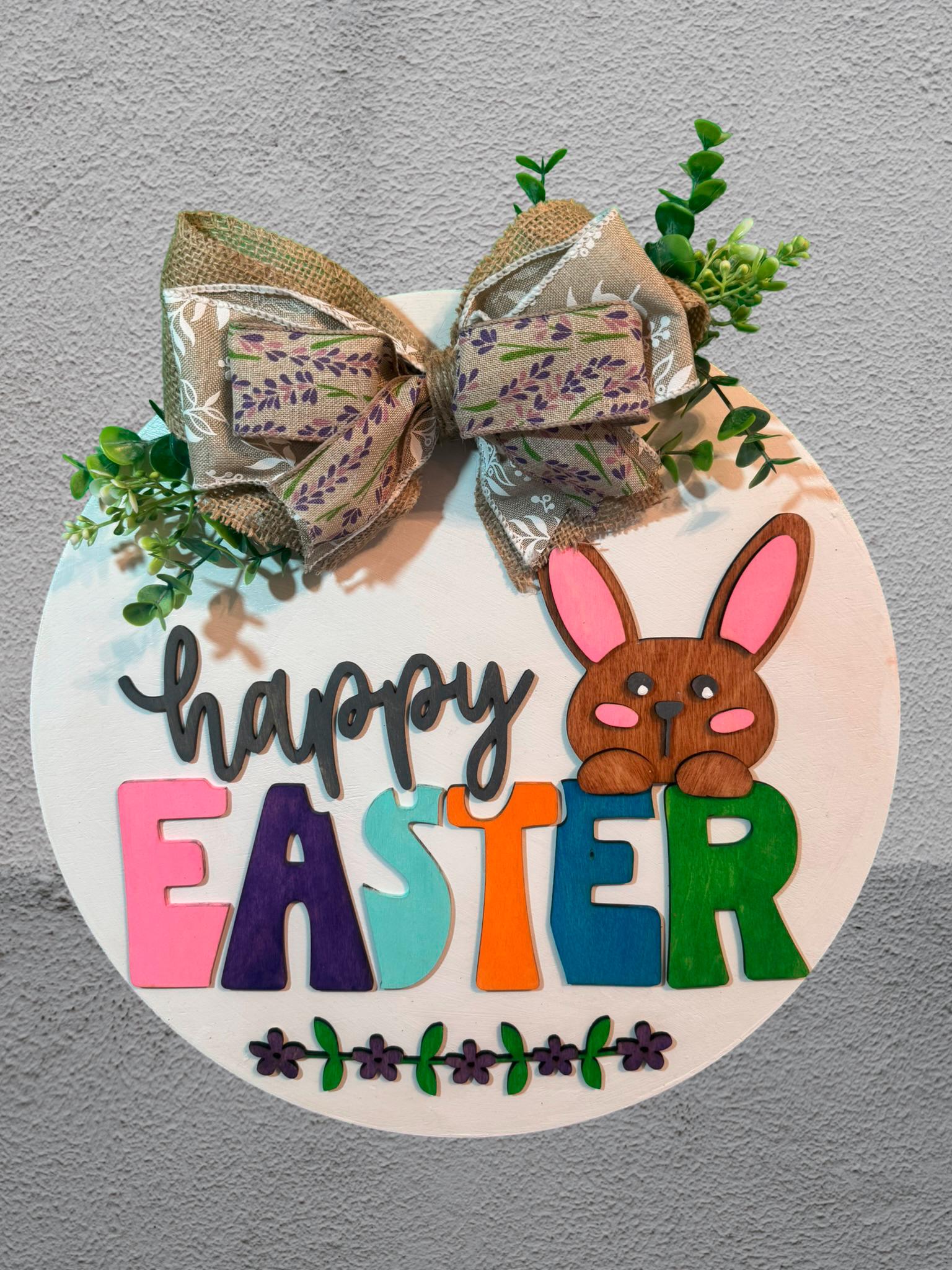 Handmade Easter Bunny Door Hanger: 14in Layered Wooden Farmhouse Sign - Thumbnail 3
