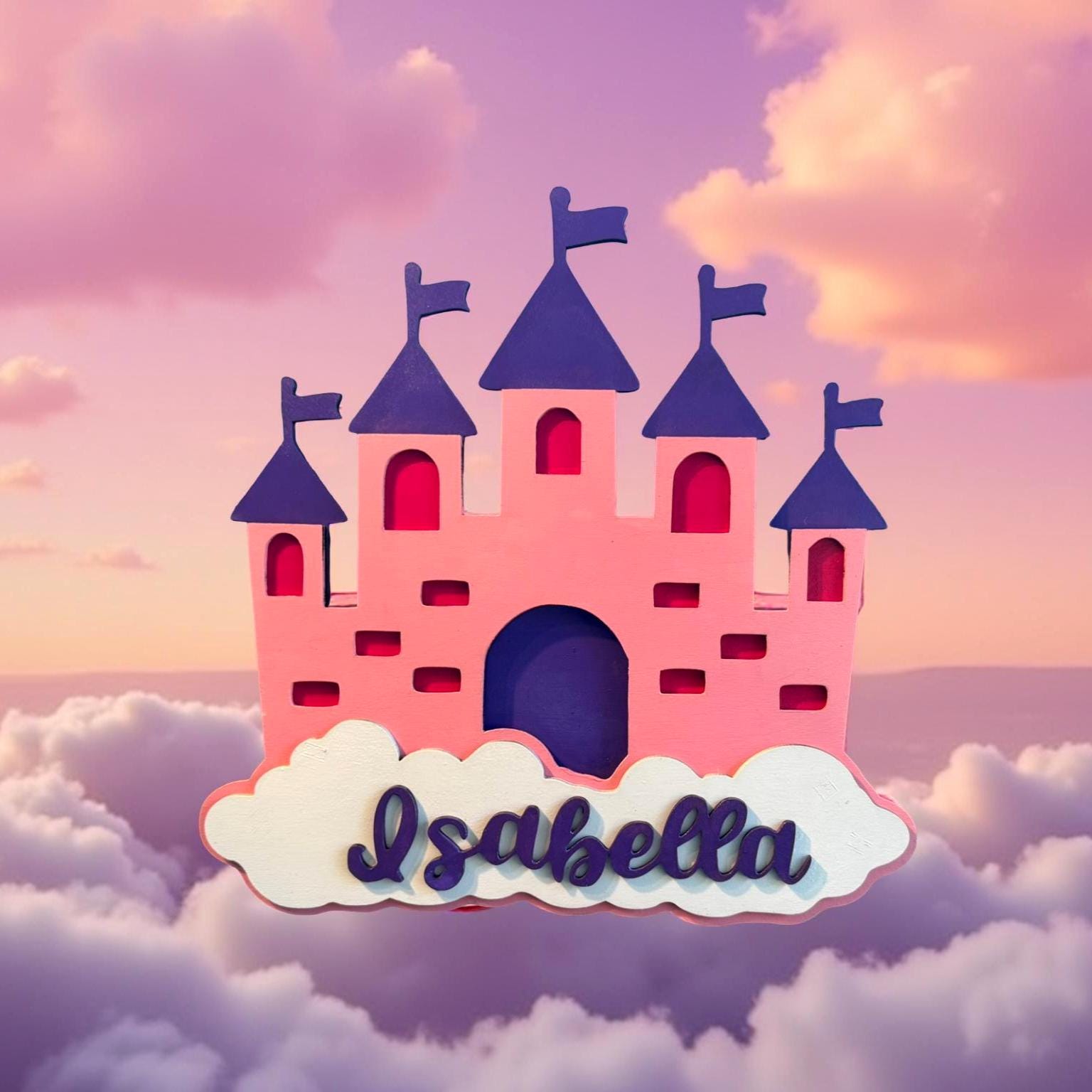 Personalized Princess Castle Sign – Custom Name Wall Decor for Girls Room or Nursery – Pink Layered Wood Castle with Cloud Cutout - Thumbnail 2