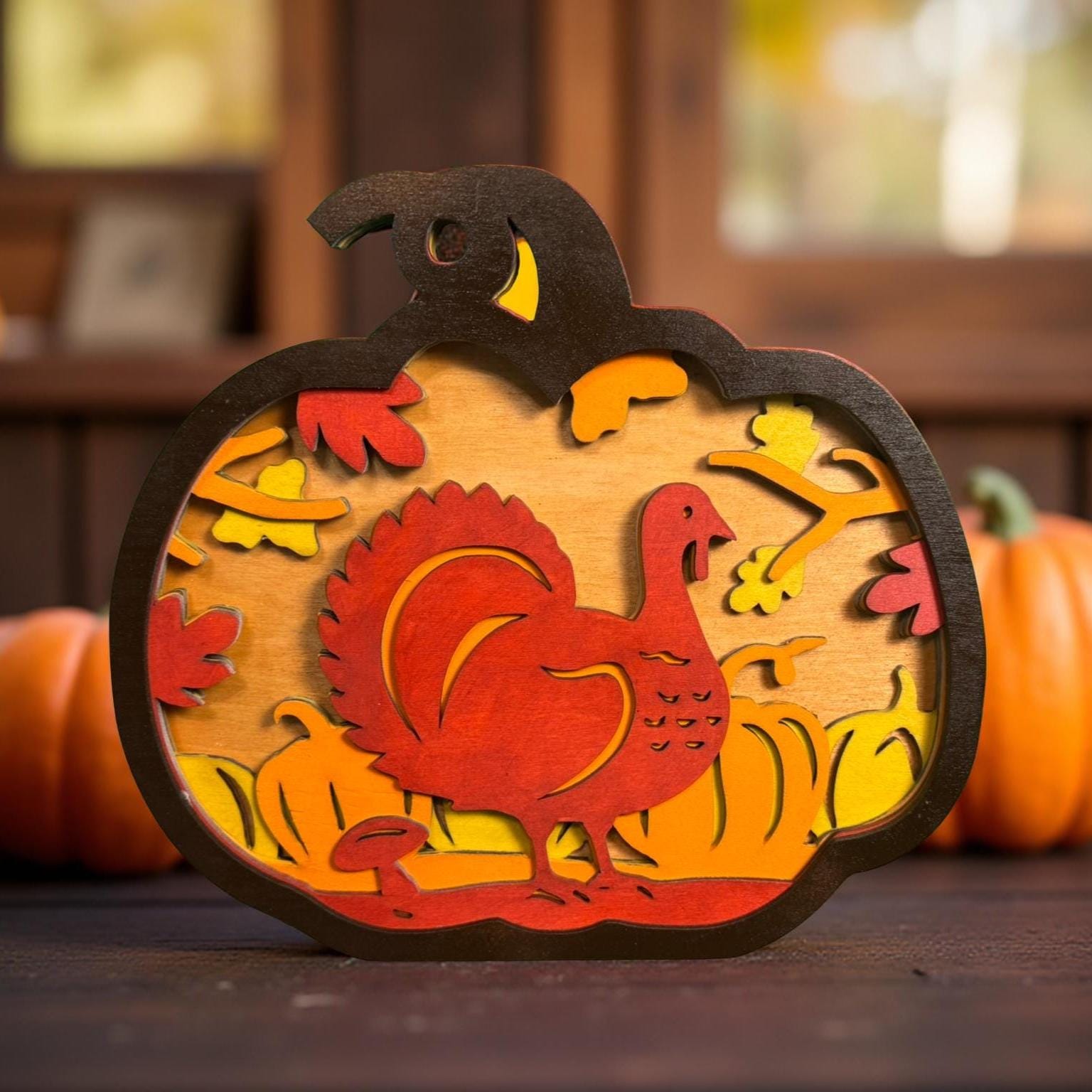 Layered Wooden Turkey Pumpkin Sign: Rustic Fall Thanksgiving Decor - Thumbnail 3