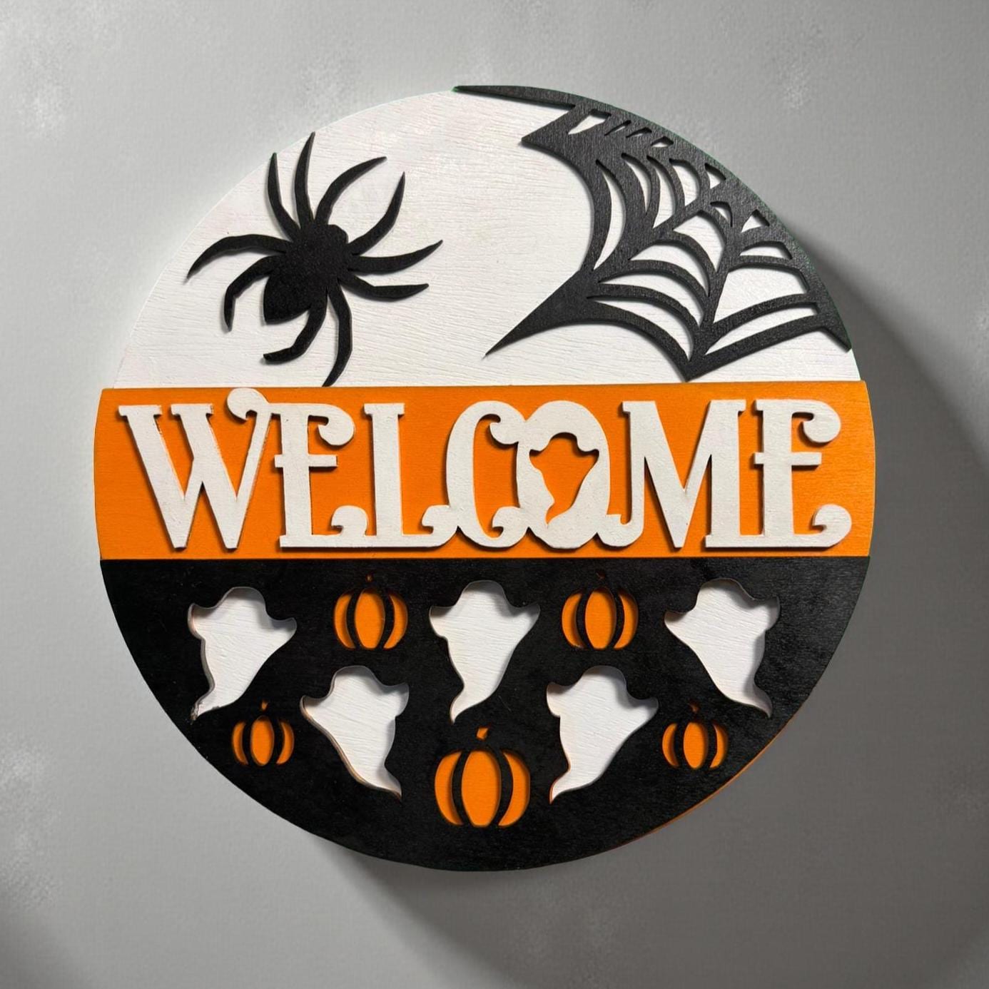 Halloween Welcome Sign: Layered Wood Ghost & Spider Door Hanger - Thumbnail 6