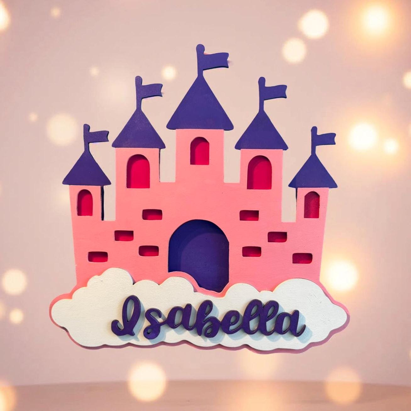 Personalized Princess Castle Sign – Custom Name Wall Decor for Girls Room or Nursery – Pink Layered Wood Castle with Cloud Cutout - Thumbnail 4