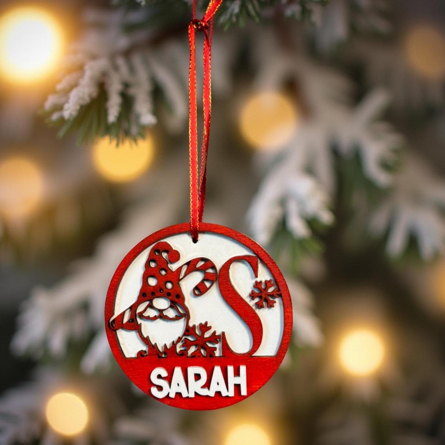Personalized Christmas Gnome Ornament: Custom Letter, Name, Year, Layered Wood - Thumbnail 3