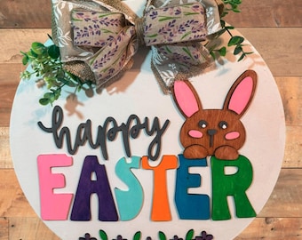 Handmade Easter Bunny Door Hanger: 14in Layered Wooden Farmhouse Sign