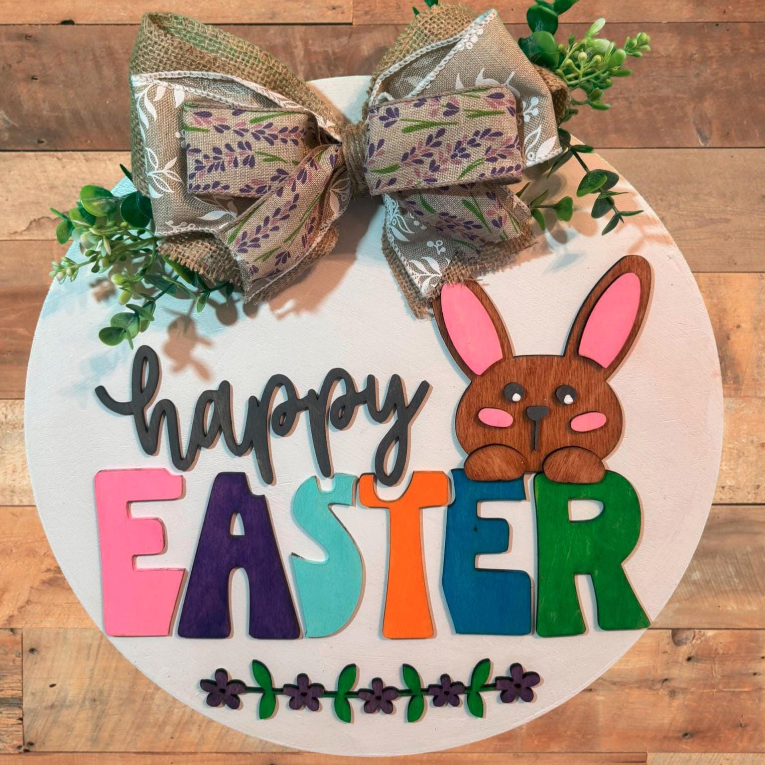 Handmade Easter Bunny Door Hanger: 14in Layered Wooden Farmhouse Sign - Image 1