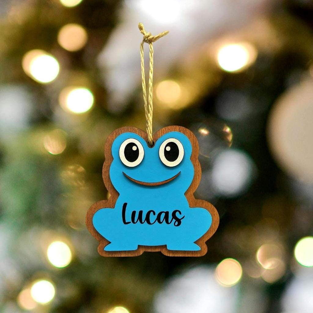 Personalized Frog Ornament | 4" Layered Wood Ornament | Custom Name | Handcrafted Frog Decor | Blue, Purple, or Green Gift for Kids - Thumbnail 7