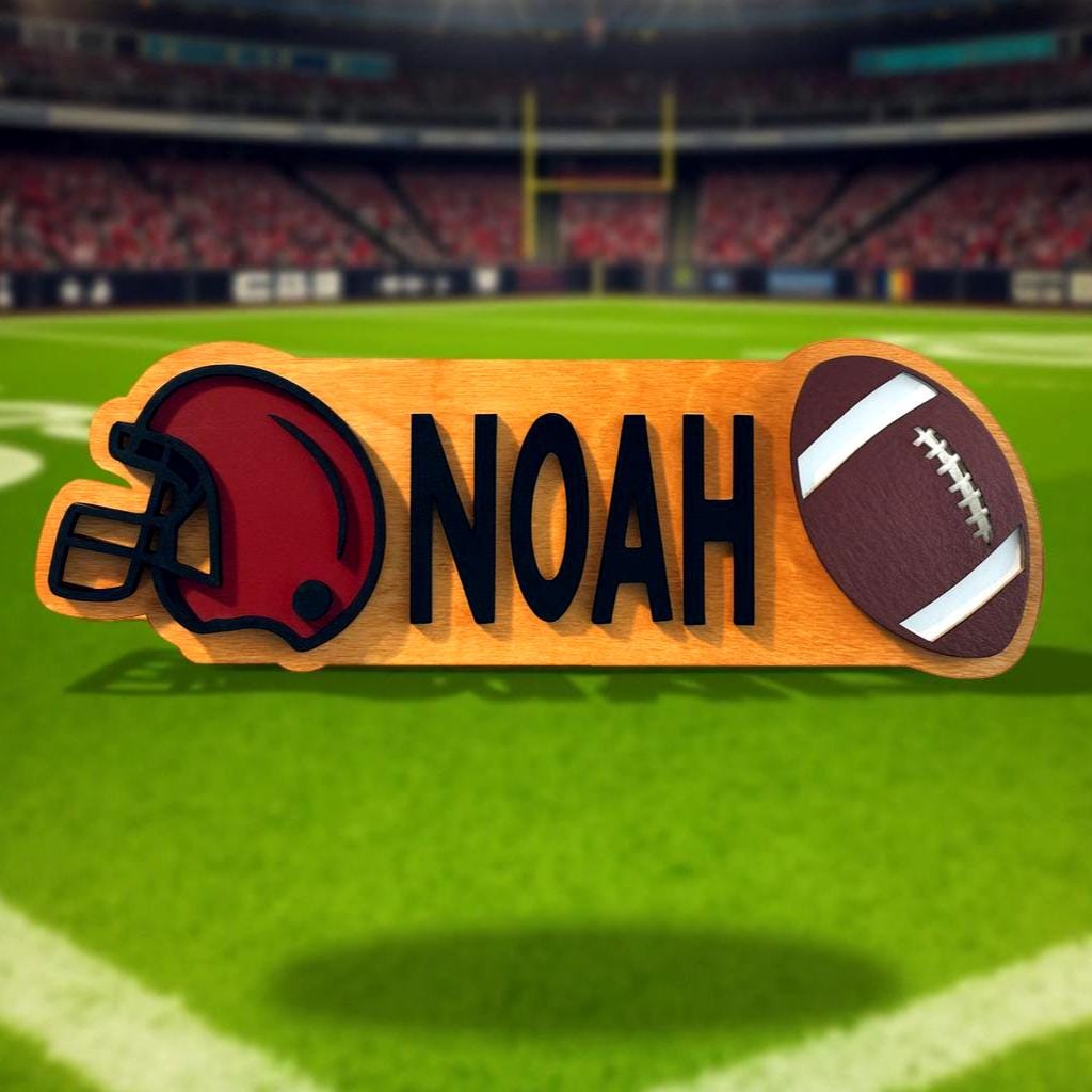 Personalized Football Name Sign – Custom Helmet & Ball Cutouts – Layered Wood  - Thumbnail 3