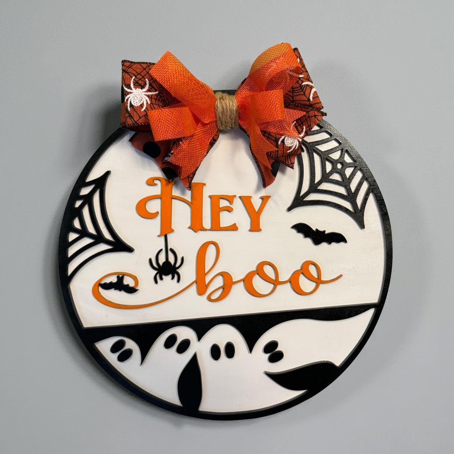 Hey Boo Halloween Door Sign: Layered Ghost & Spider Web Decor - Thumbnail 3