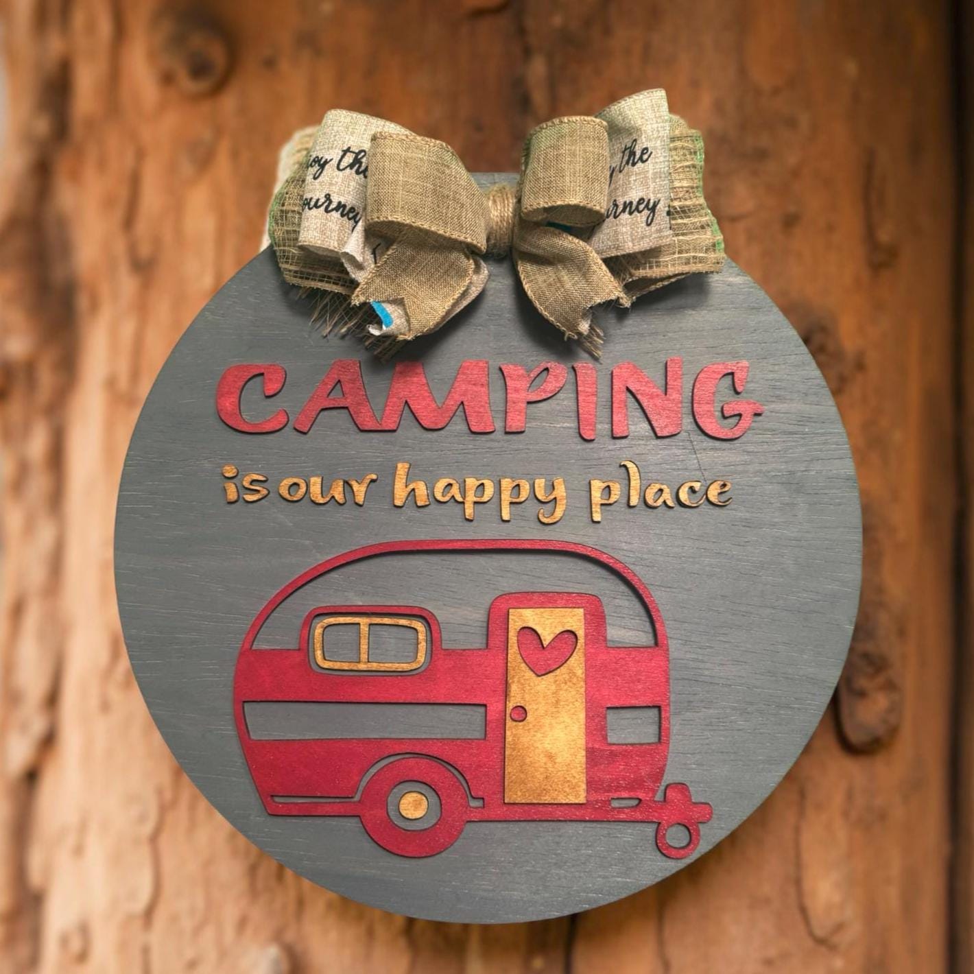 Camping Is Our Happy Place Sign: Rustic Wooden Camper Decor - Thumbnail 3