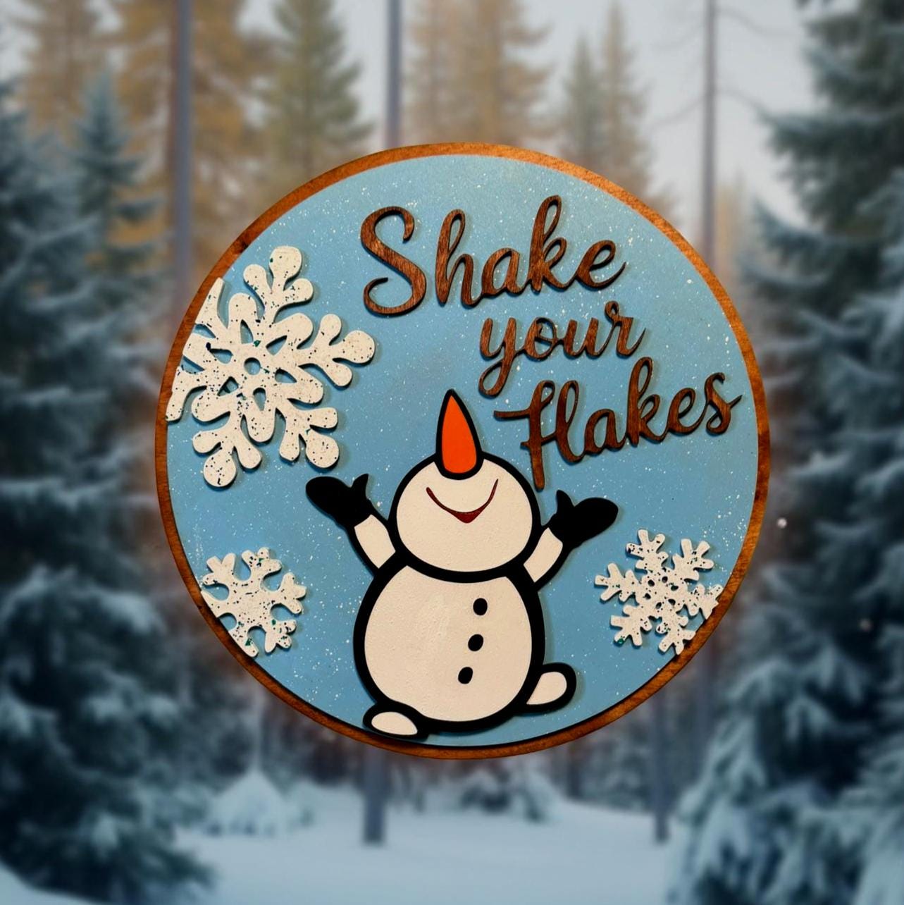 Shake Your Flakes Winter Sign – 14” Round Wooden Snowman Decor – Layered Snowflake Cutouts – Funny Holiday Door Hanger or Gift - Thumbnail 2