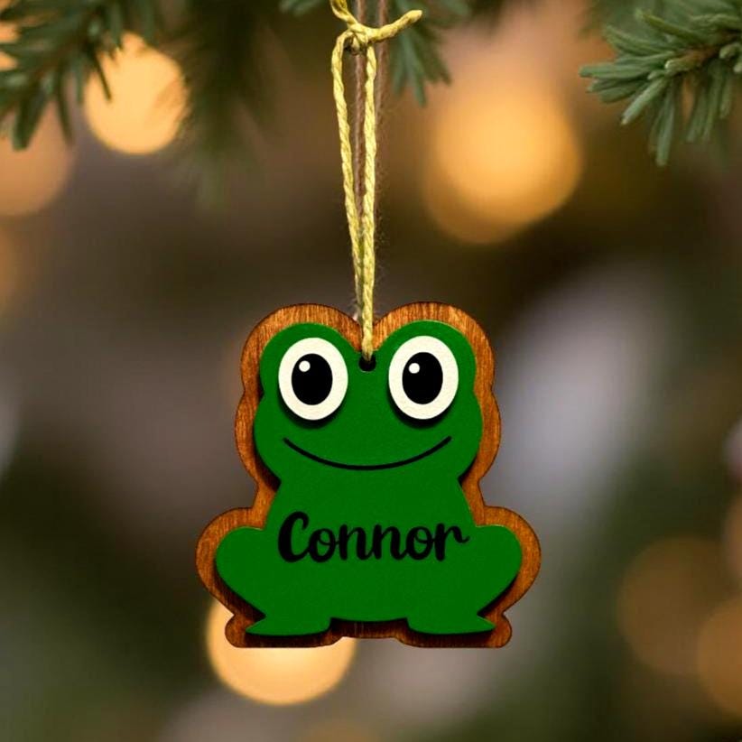 Personalized Frog Ornament | 4" Layered Wood Ornament | Custom Name | Handcrafted Frog Decor | Blue, Purple, or Green Gift for Kids - Thumbnail 3