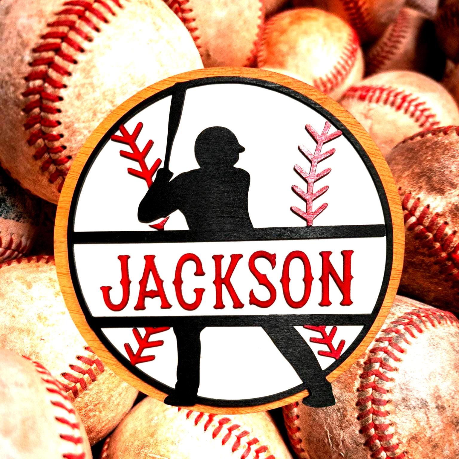 Personalized Baseball Name Sign – Custom Layered Wood Decor – Player Silhouette - Thumbnail 2
