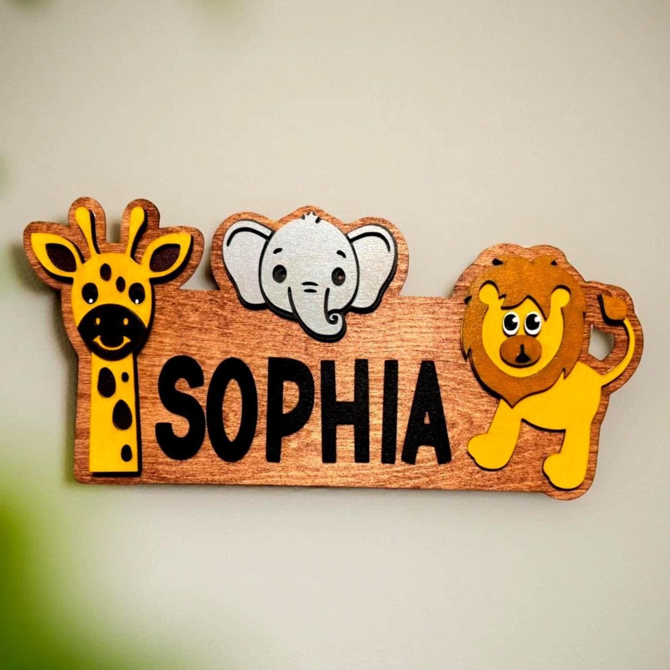 Safari Jungle Animal Name Sign – Personalized Kids Wall Decor – Giraffe, Elephan - Thumbnail 3