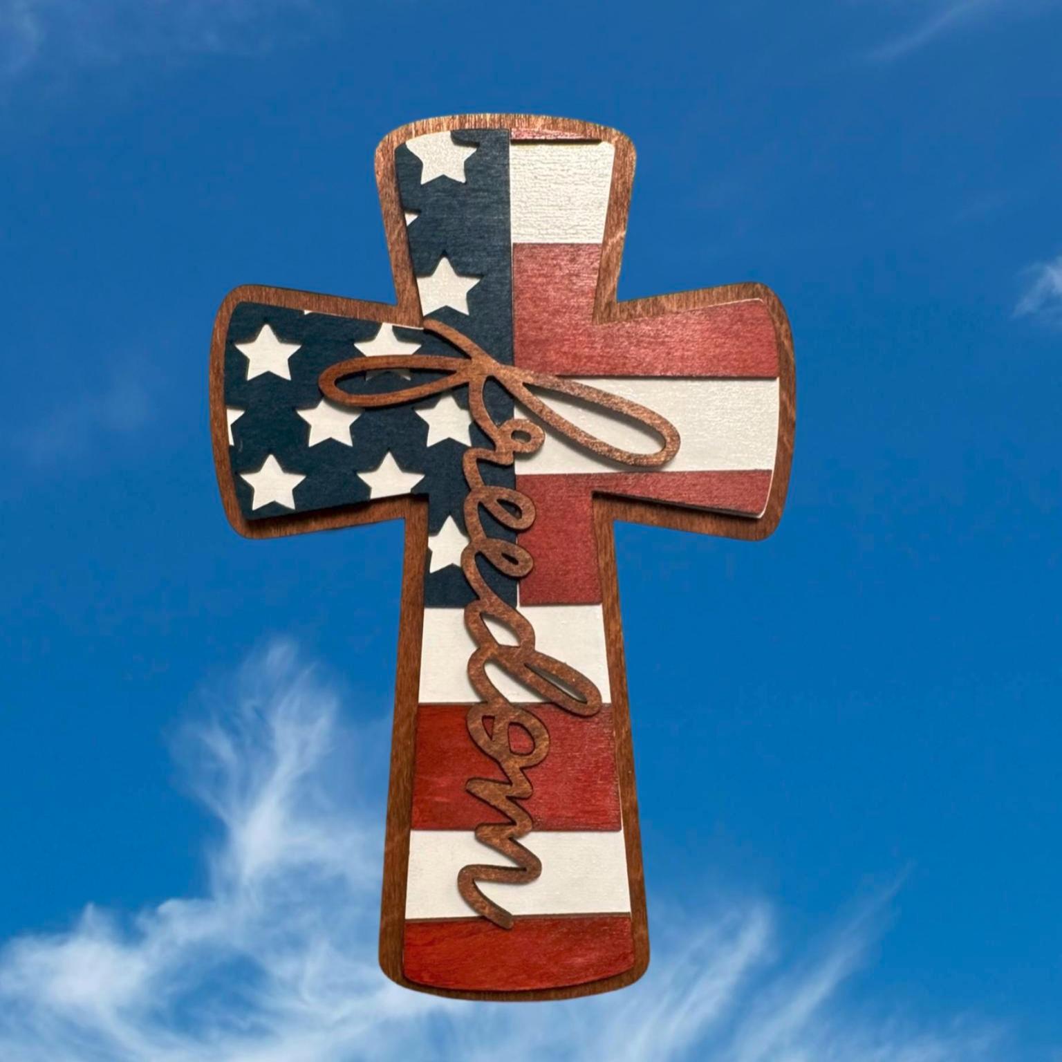 Patriotic Wooden Cross Sign: American Flag, Freedom Wall Decor - Thumbnail 4