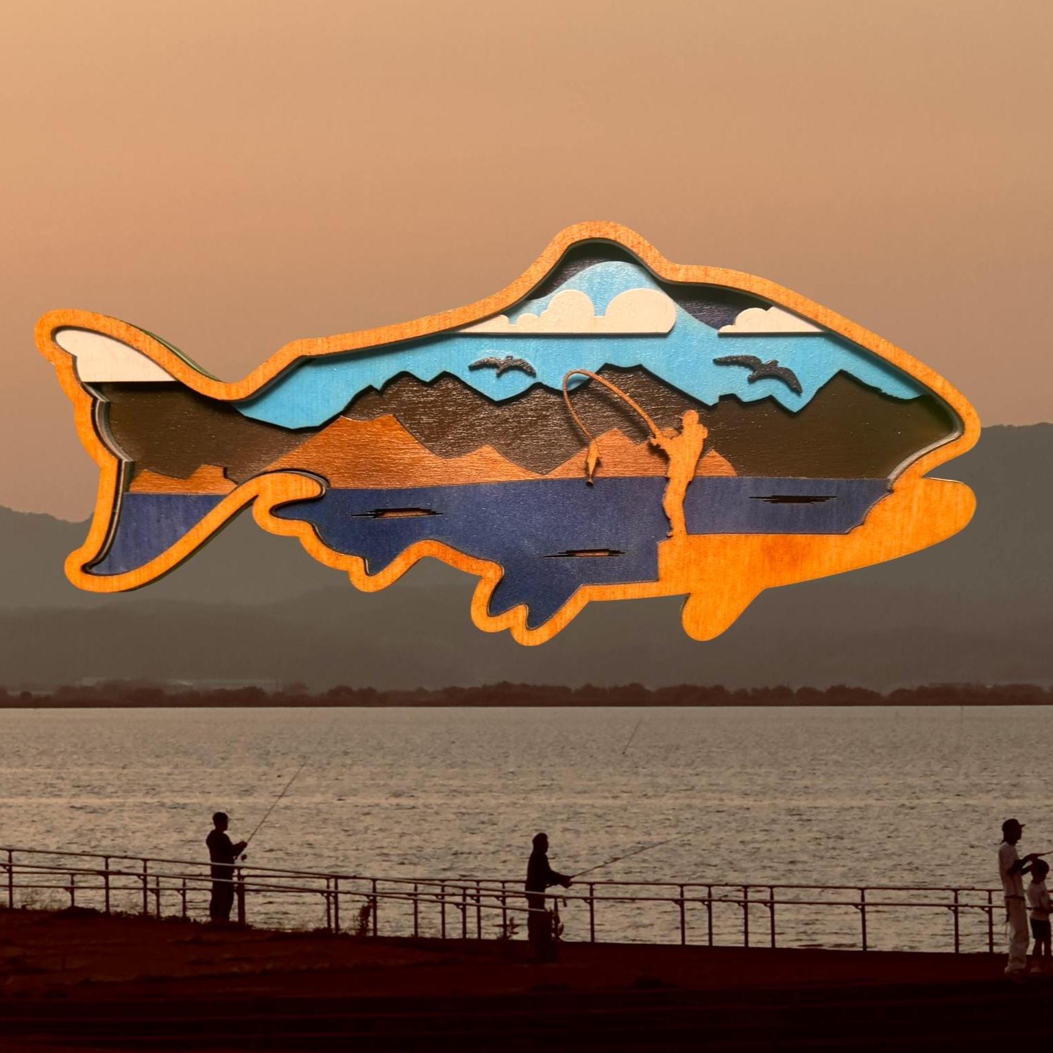 Layered Wood Fish Wall Art: Rustic Cabin Lake House Decor - Thumbnail 4