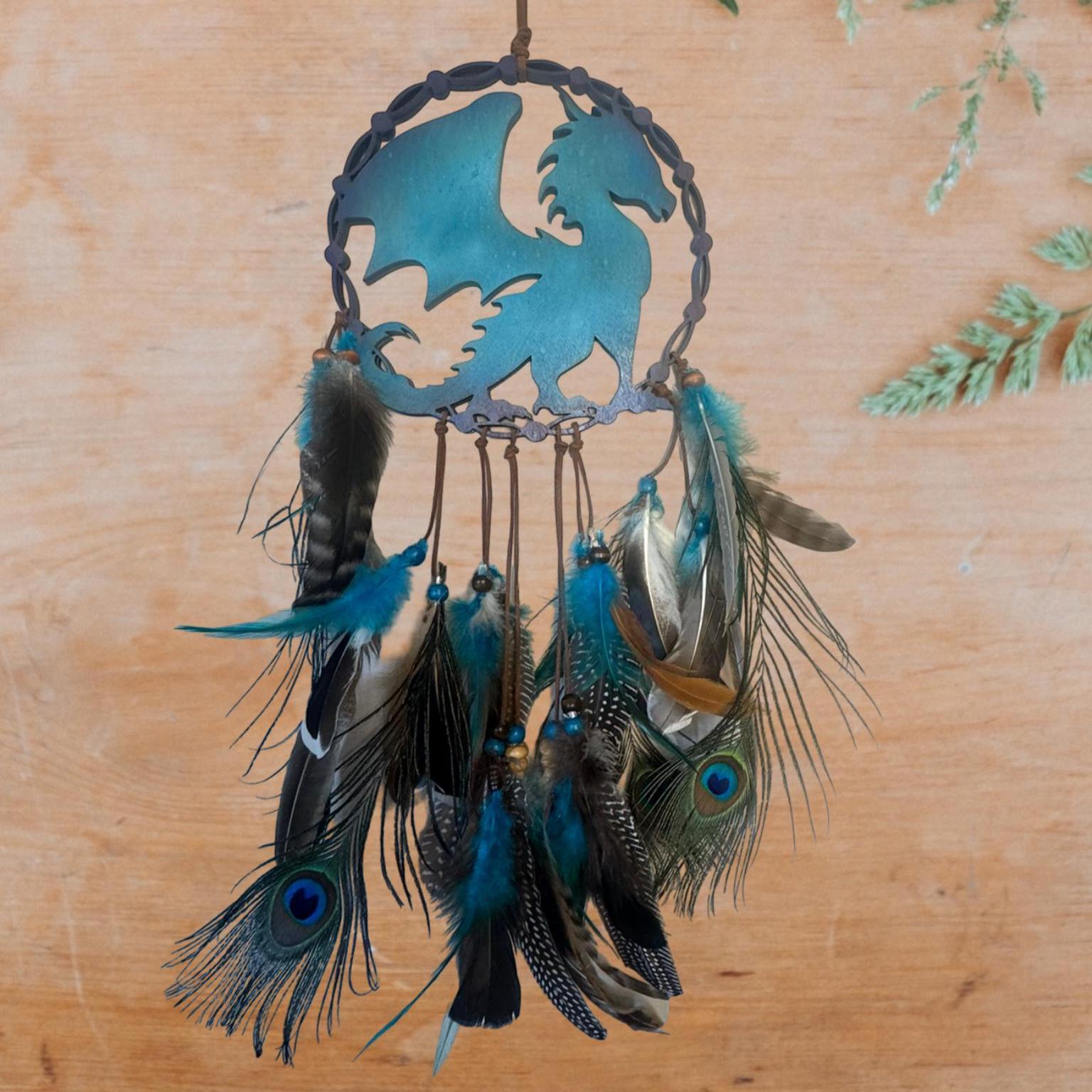 Dragon Dream Catcher – Teal & Purple Dream Catcher Hanging with Feathers – 20" Fantasy Decor – Handmade Dragon Gift for Bedroom or Wall - Thumbnail 3