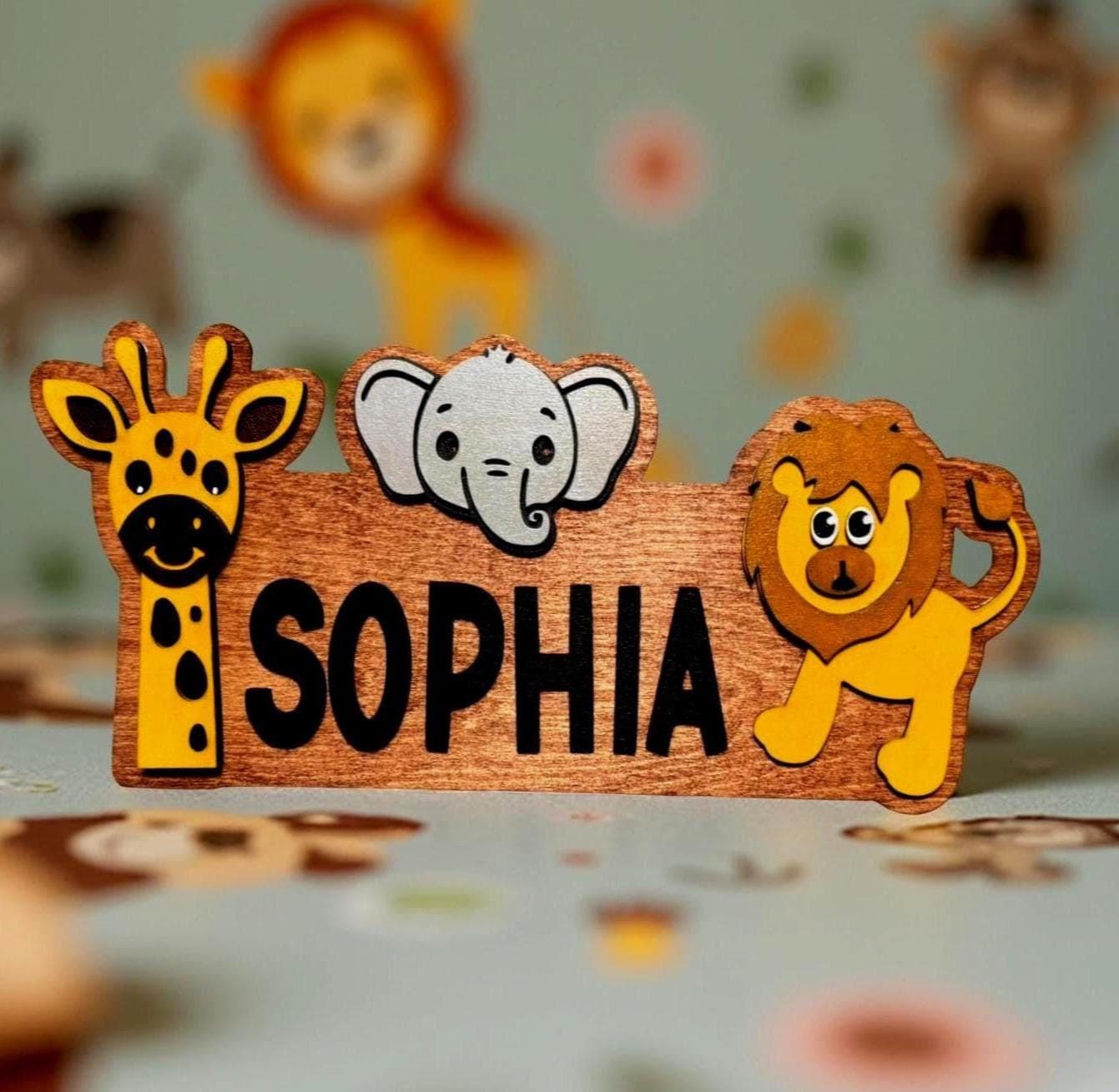 Safari Jungle Animal Name Sign – Personalized Kids Wall Decor – Giraffe, Elephan - Thumbnail 2