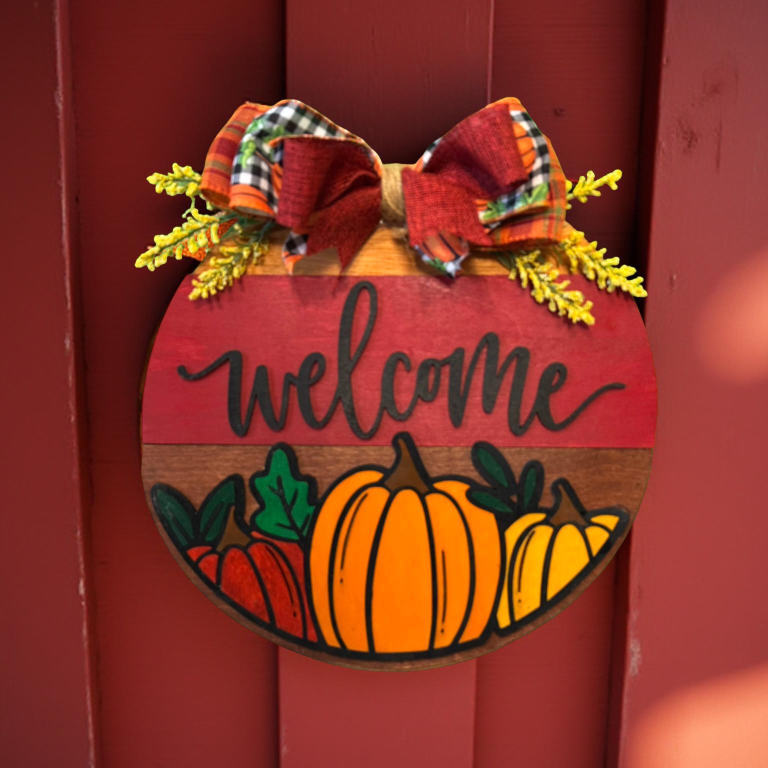 Fall Welcome Sign with Pumpkins – 12" or 14" Round Layered Wood Door Hanger – Rustic Farmhouse Autumn Porch or Wall Decor with Bow - Thumbnail 6