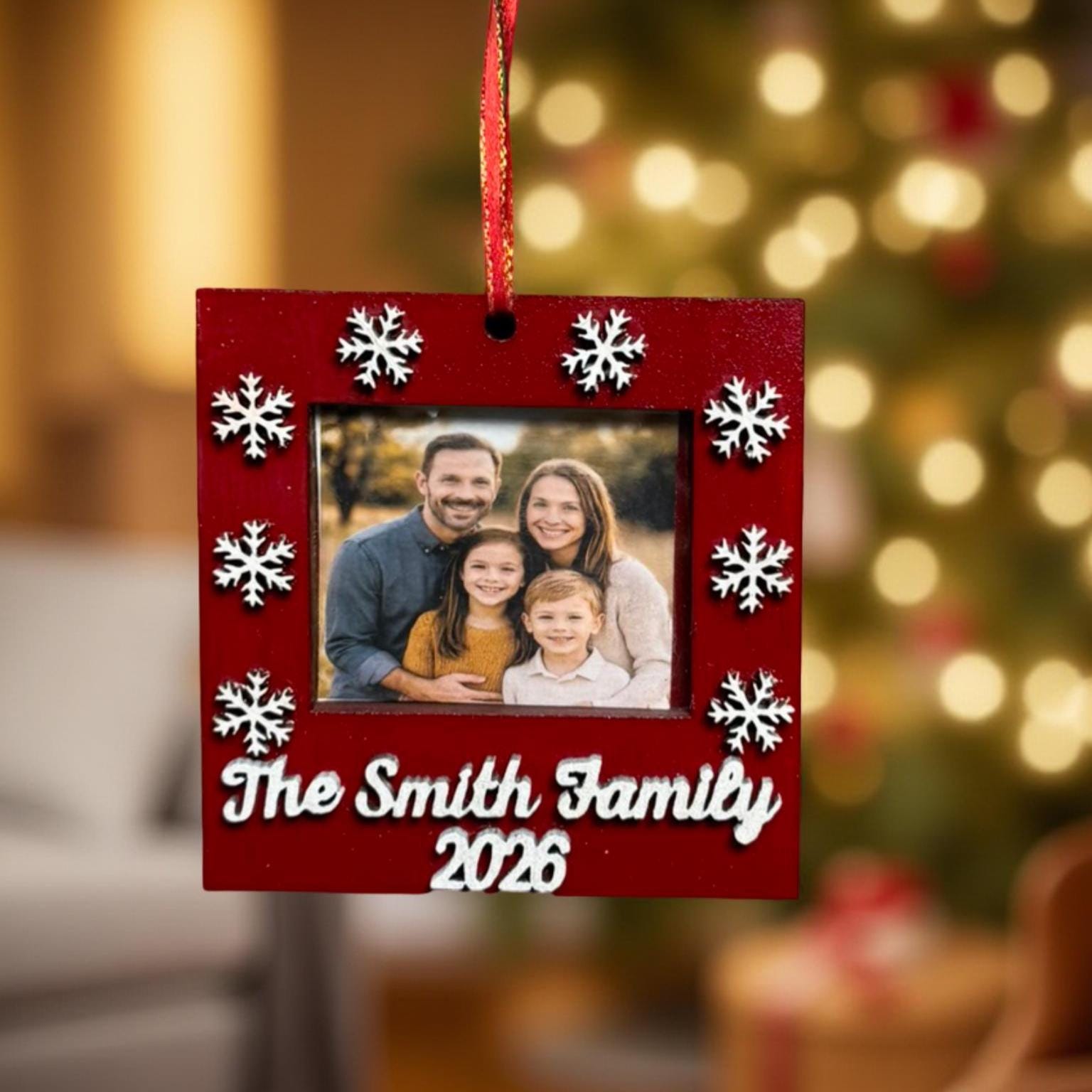 Personalized Family Photo Ornament – 4” Square Christmas Frame with Snowflake Cutouts – Custom Name & Year Keepsake - Thumbnail 2
