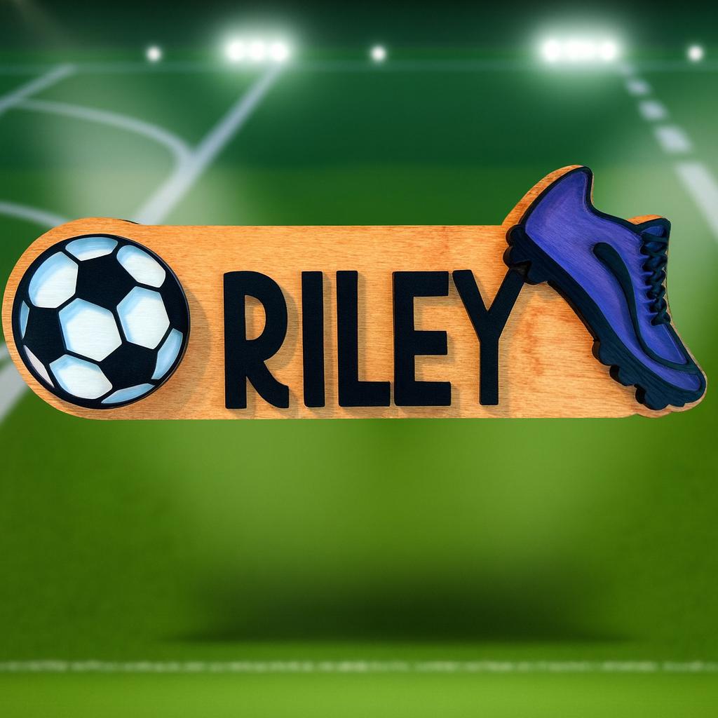 Personalized Soccer Name Sign – Custom Cleat & Ball Cutouts – Layered Wood Sport
