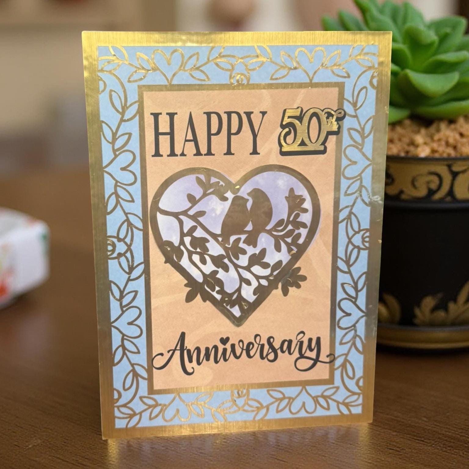 Handmade Golden Anniversary Card: Bird & Heart Design, 50th Milestone - Thumbnail 2