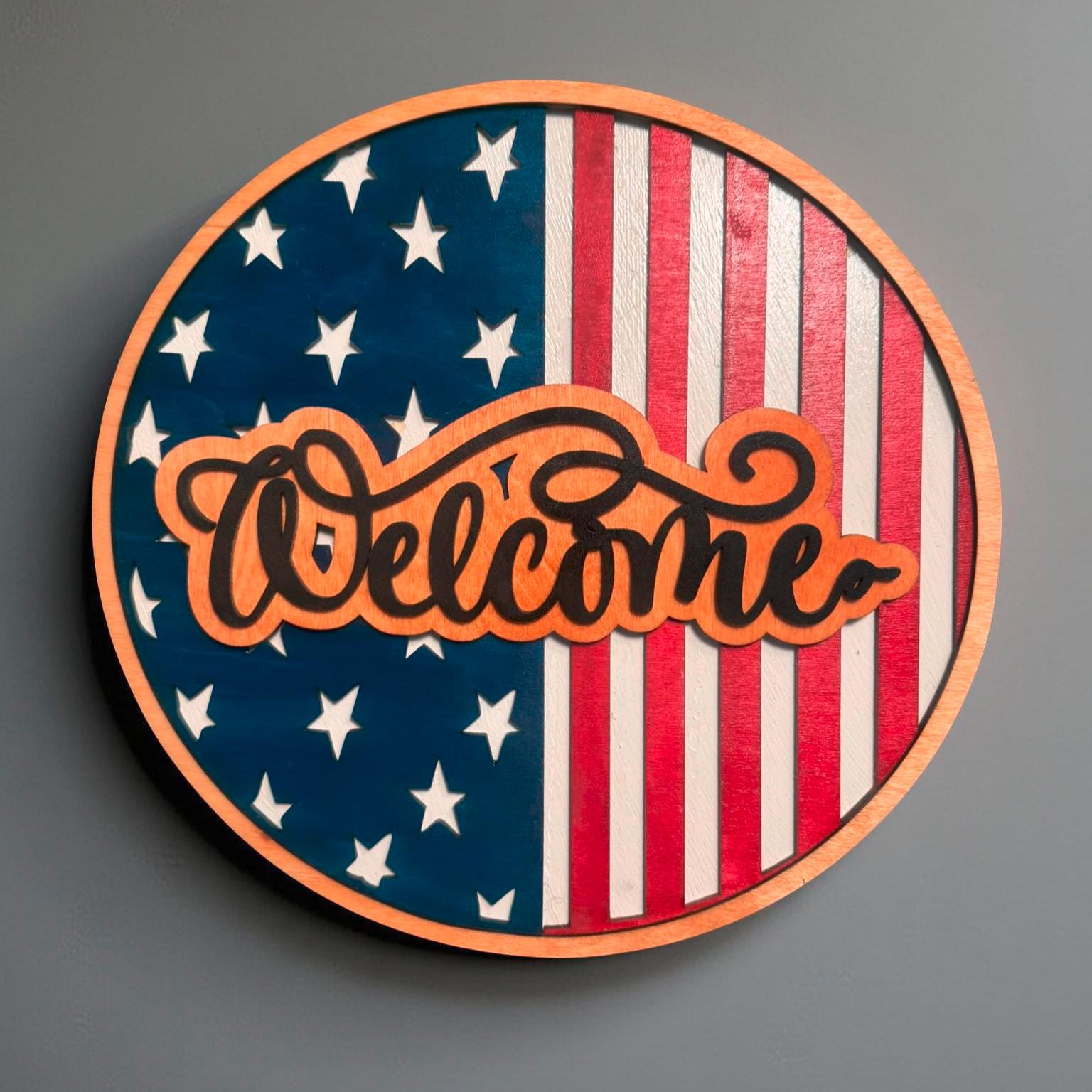 Layered Wooden USA Flag Welcome Sign: Patriotic Door Decor - Thumbnail 2