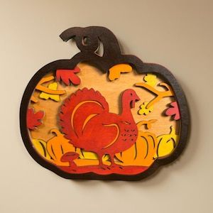Layered Turkey Pumpkin Sign – 5-Layer Thanksgiving Wall Decor – Rustic Autumn Wooden Sign – Farmhouse Fall Home Decor