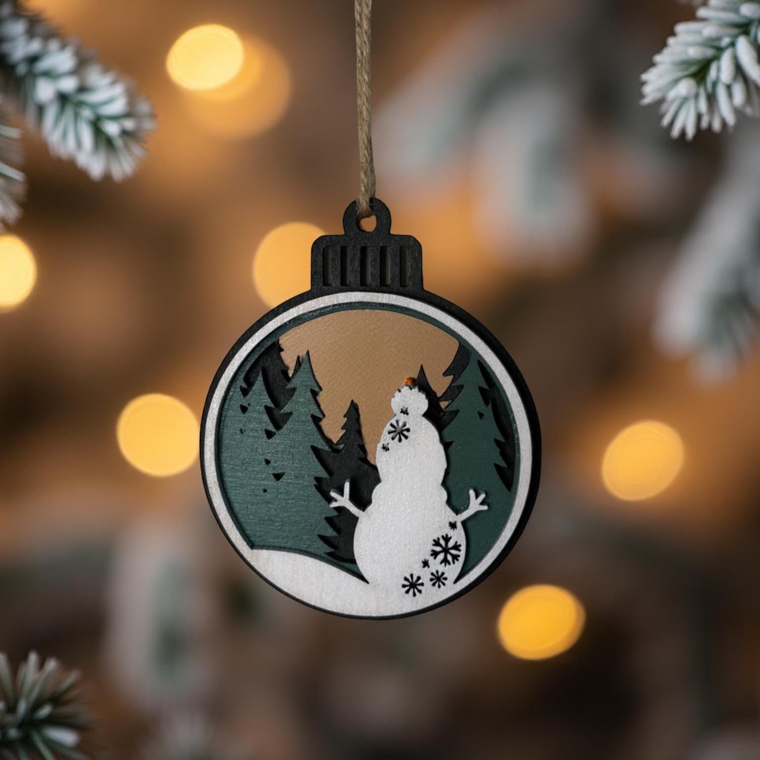 Layered Snowman Ornament – 4” Round Wooden Christmas Tree Scene – Multi Layer Holiday Decoration – Rustic Green & White Ornament - Thumbnail 3