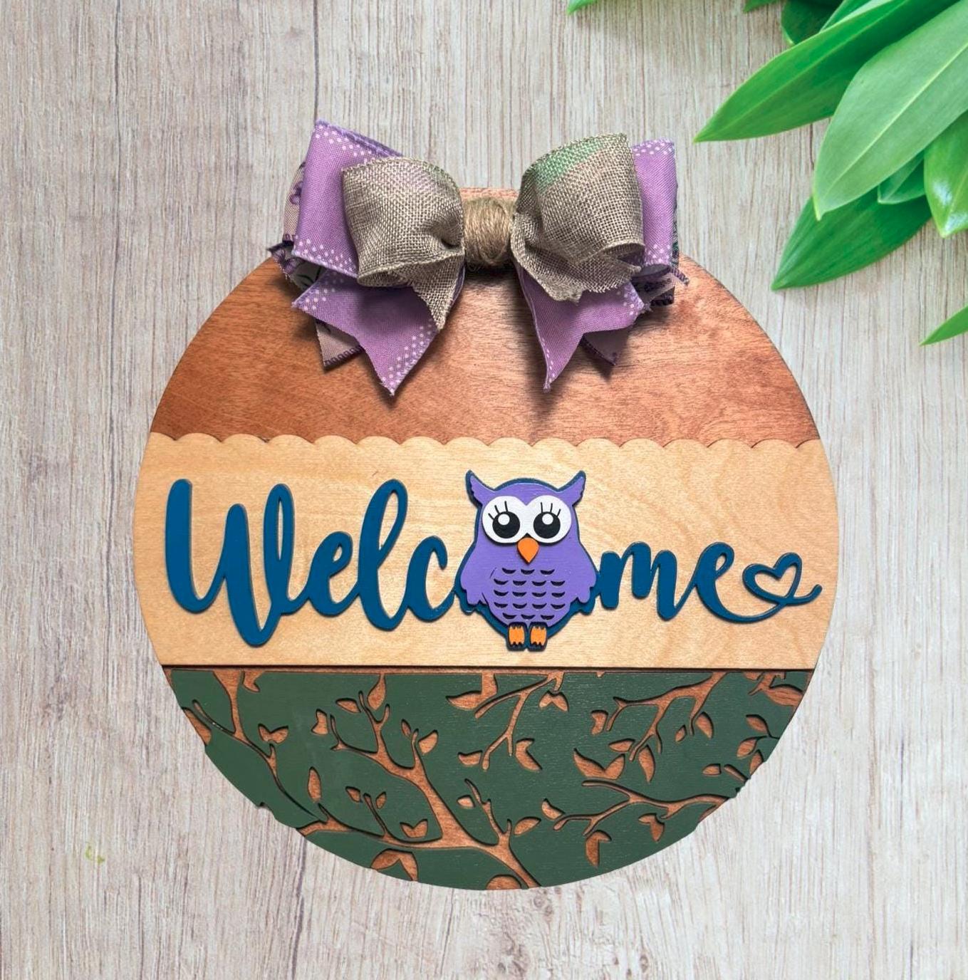Owl Welcome Door Sign – 14" Handmade Layered Wood Round with Bow – Spring, Summer, or Mother’s Day Front Door Decor – Owl Lover Gift Idea - Thumbnail 5